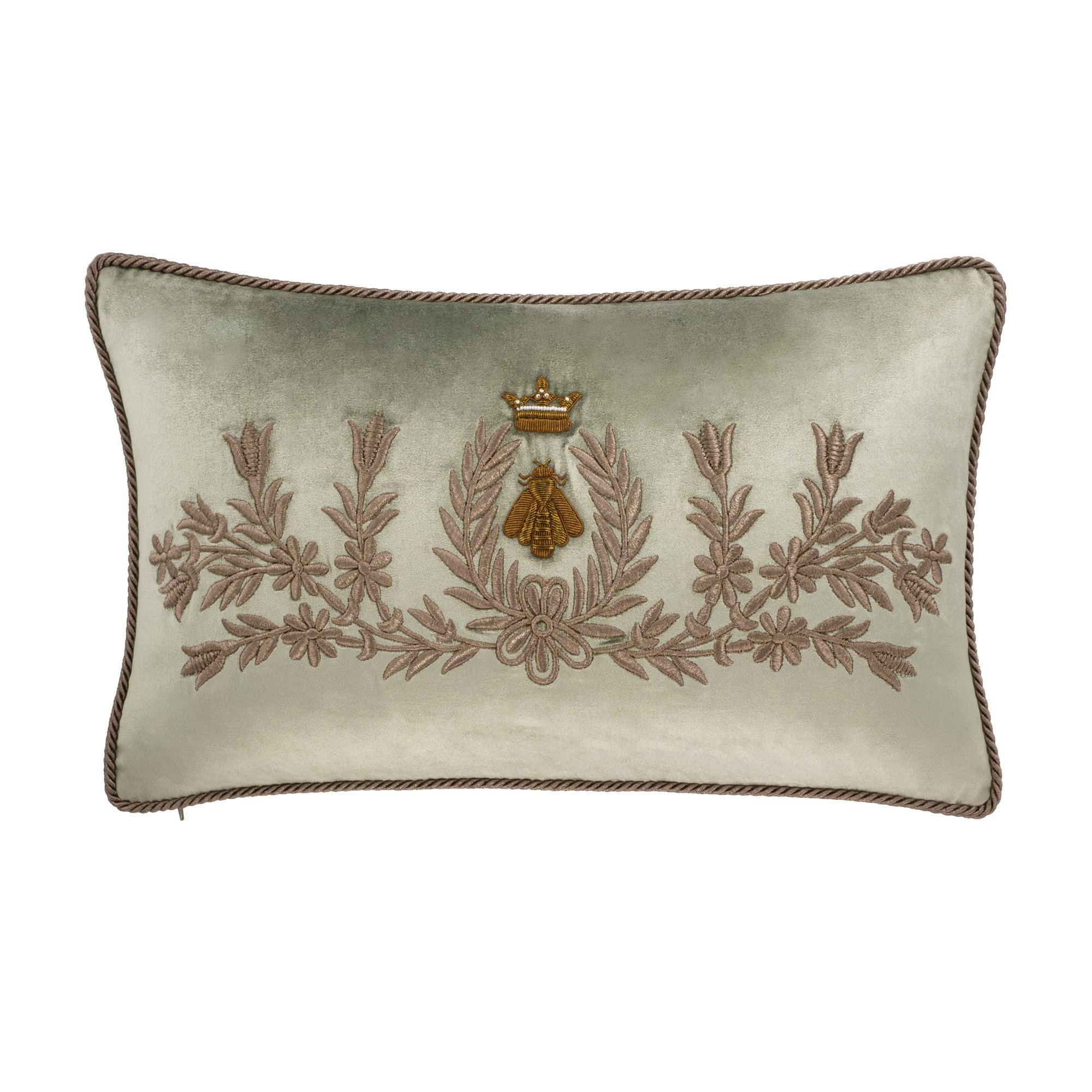 Green silk velvet lumbar throw pillow 12x24 with intricate brown embroidered floral motifs and crown detail, elegant classic luxury decorative cushion on a white background