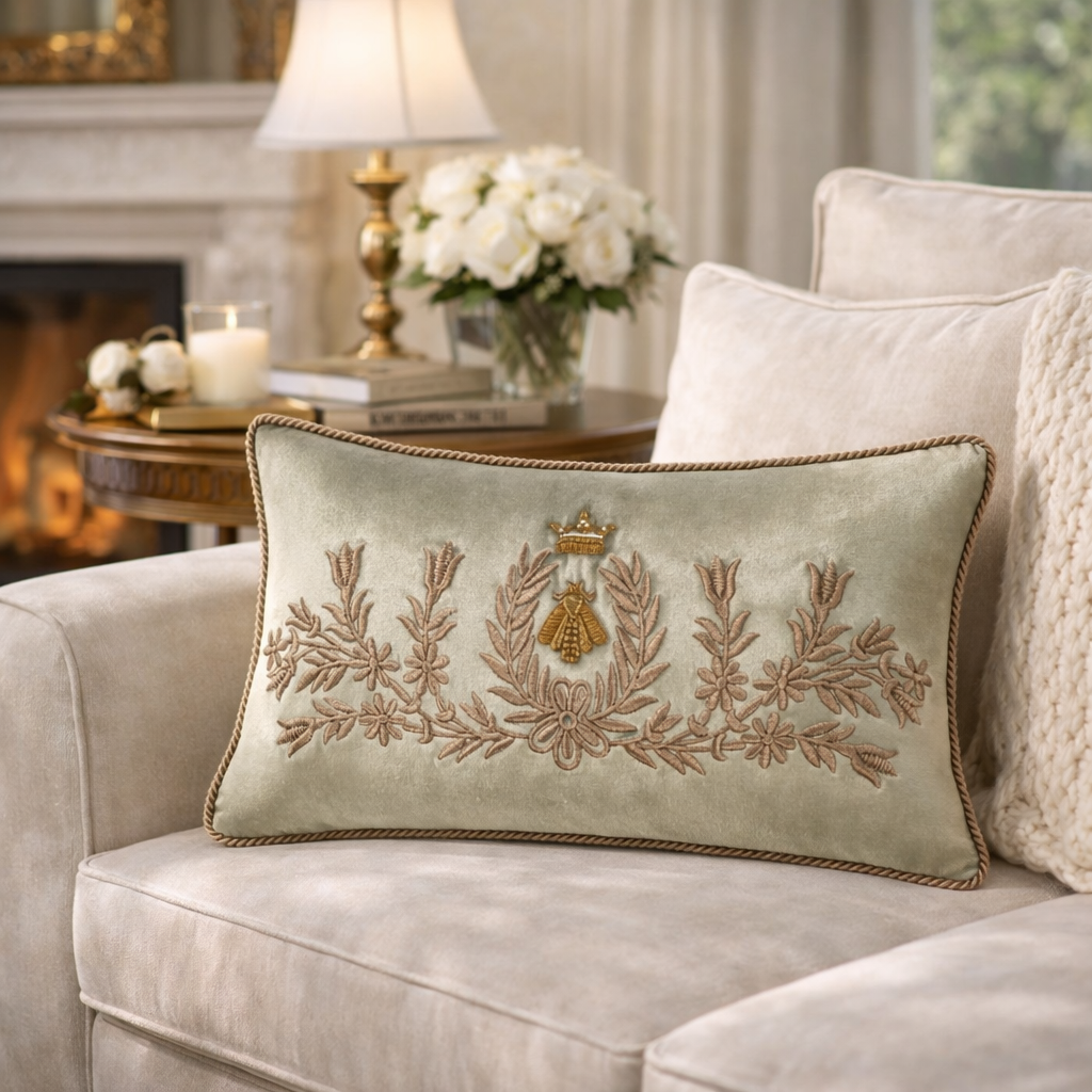 Decorative pillow with embroidered design on a beige sofa in a living room setting.