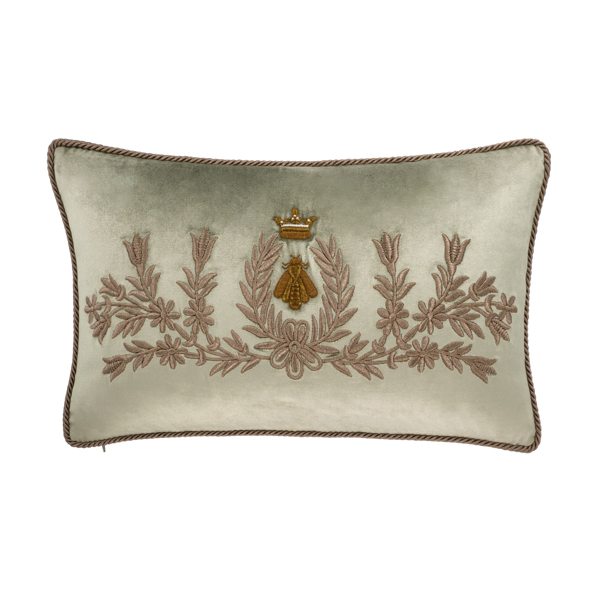 light green silk velvet bee embroidered lumbar pillow cover with laurel wreath design 12x20