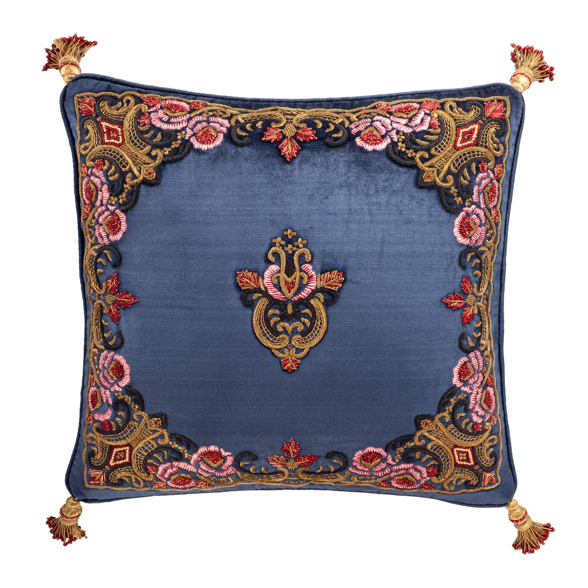Regina Collection royal blue silk velvet throw pillow of ChouChou Touch with ornate red, pink and gold hand-embroidered crest and intricate baroque border, handcrafted luxury home decor accent, perfect for living room, dining room and bedroom.