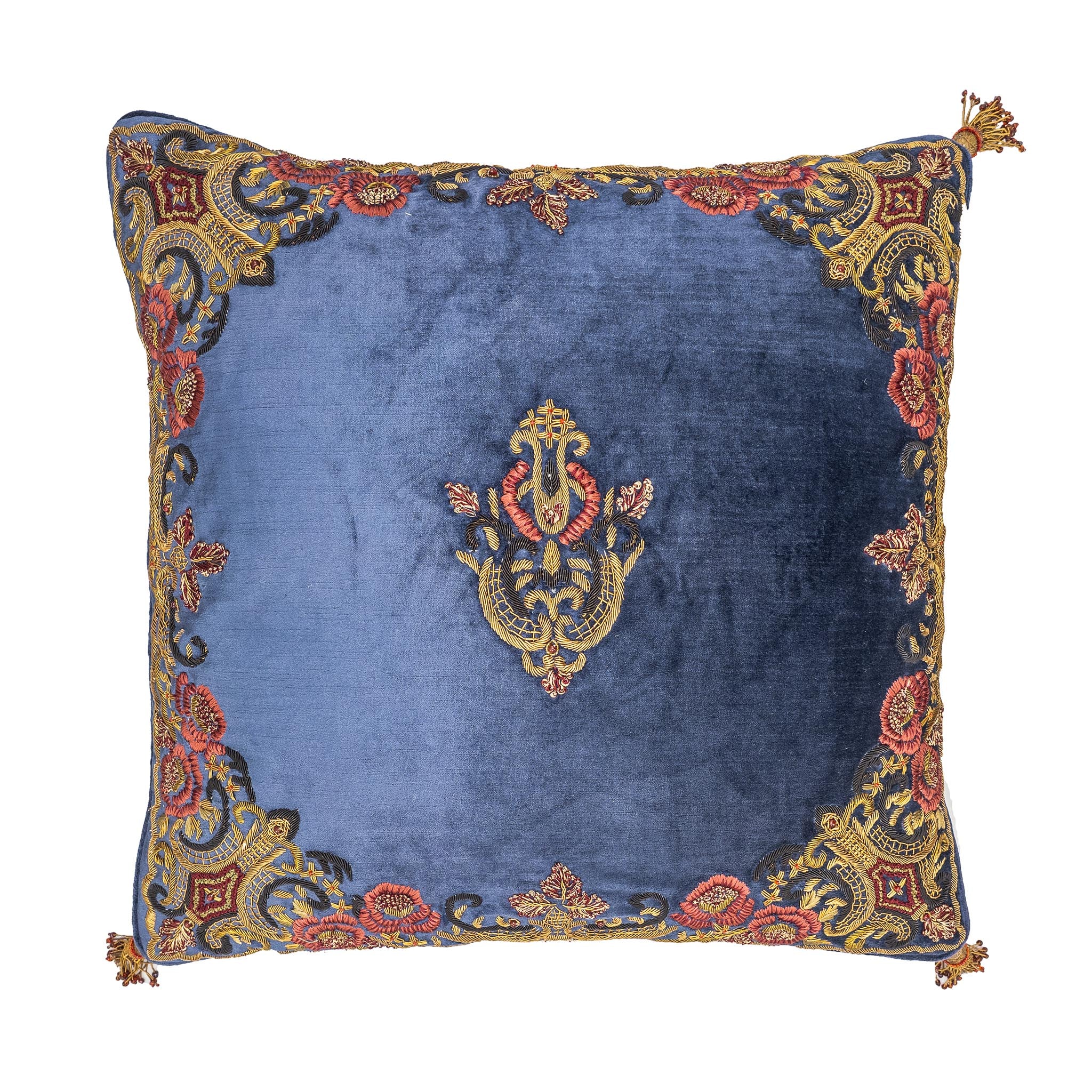 Elegant Regina Silk Velvet Pillow Cover, 18" x 18", adorned with hand-embroidered golden metal threads for a luxurious home accent.