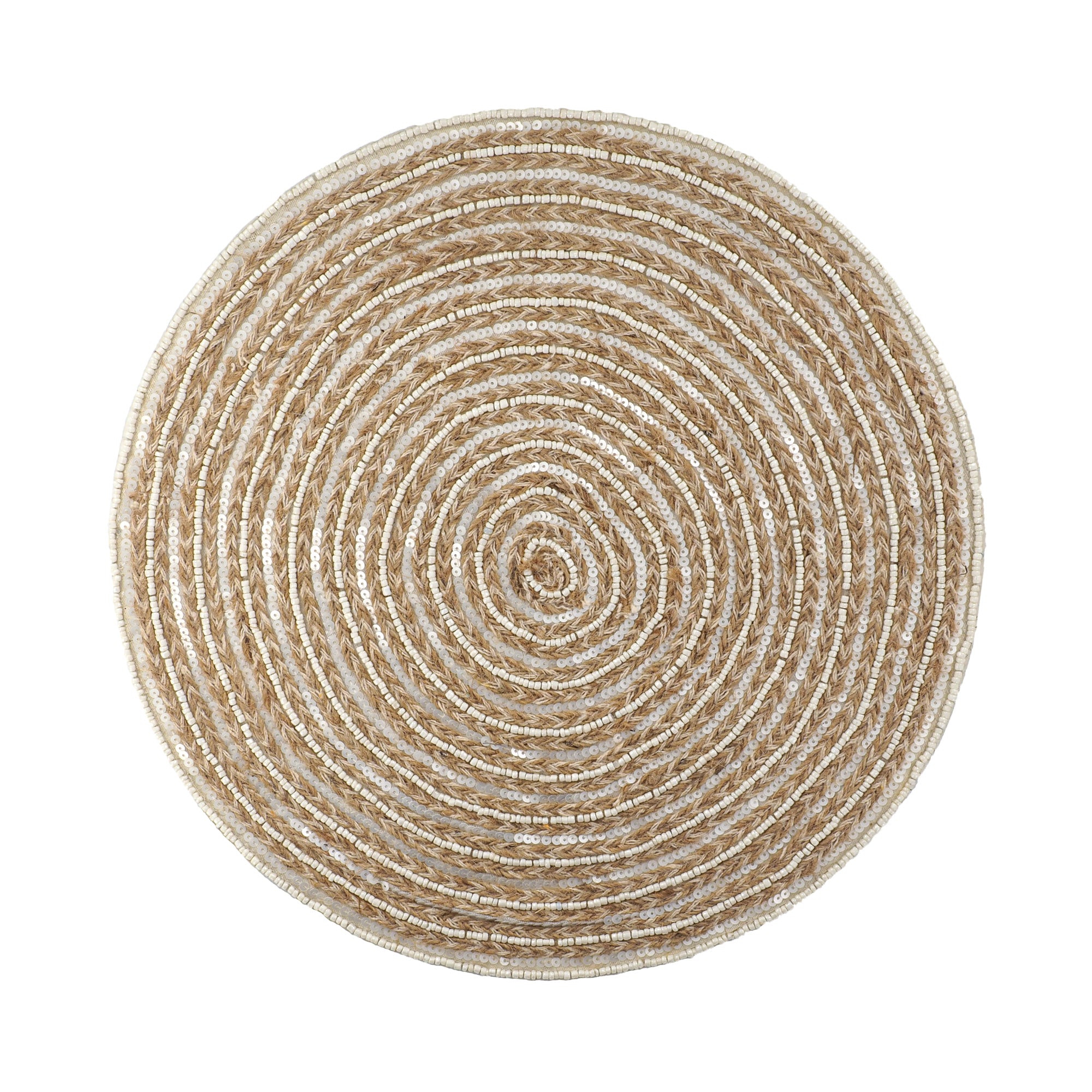 Elegant handmade braided jute placemat featuring ivory glass beaded details-timeless rustic charm by ChouChou Touch
