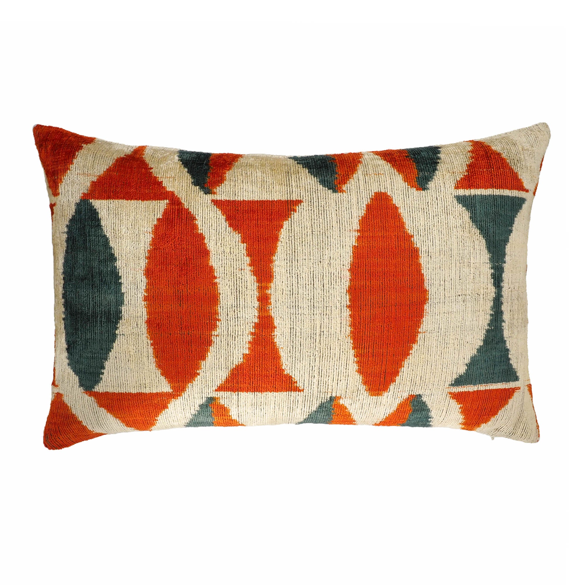 Rico Silk Velvet Ikat Throw Pillow Cover, 16 x 24, combining fine silk velvet with intricate Ikat patterns for a sophisticated and colorful home decor accent.