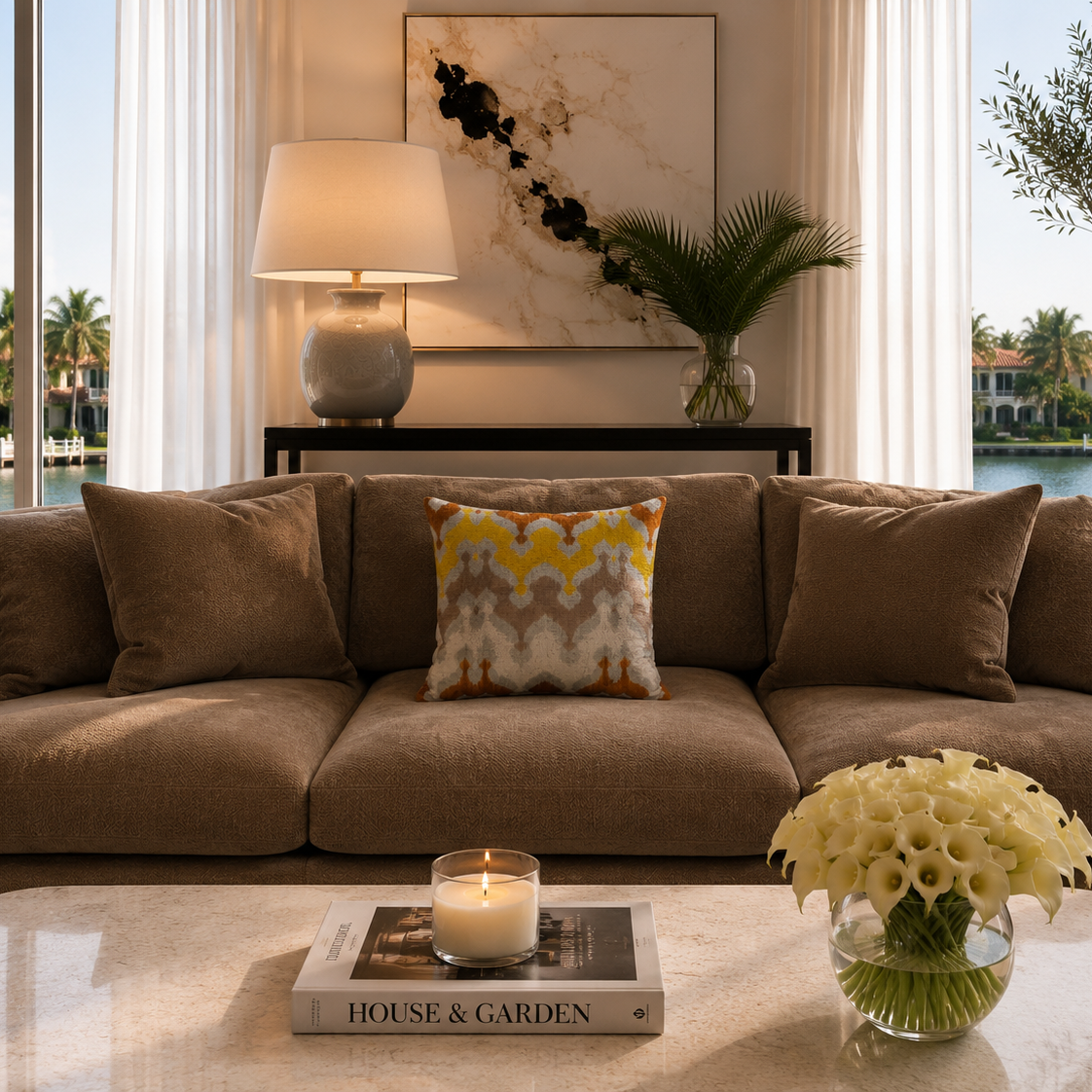 A brown fabric sofa in a bright, modern living room with a colorful patterned accent pillow, set against a window view of water and palm trees.