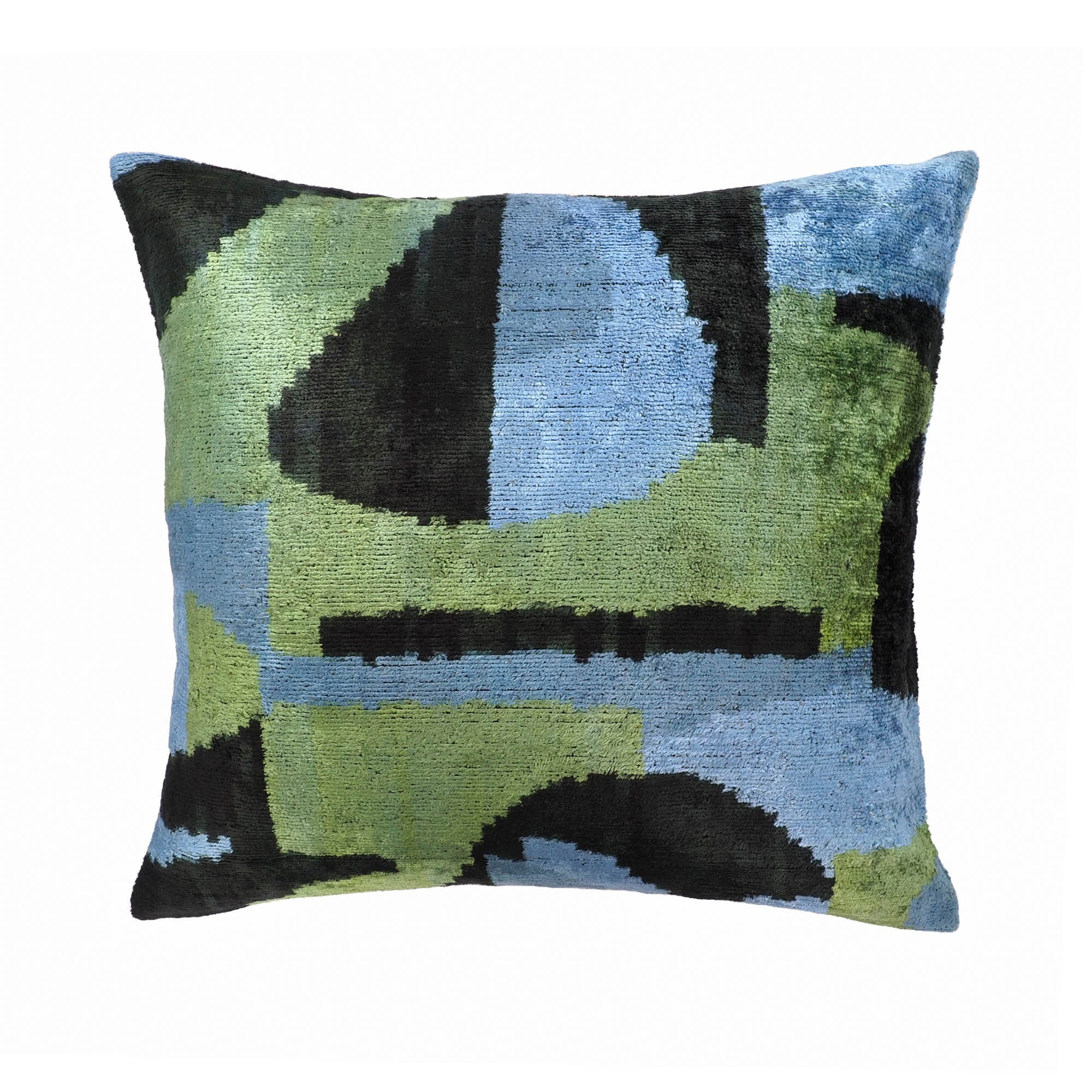 Robin Silk Velvet Ikat Throw Pillow Cover, 20 x 20, a beautiful blend of traditional Ikat weaving and modern silk velvet, perfect for vibrant home styling.