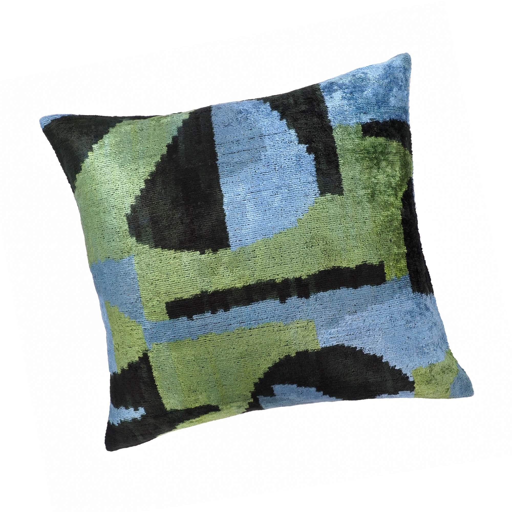 Chouchou Touch Robin Silk Velvet Ikat Pillow Cover, 20 x 20, showcasing vibrant Ikat patterns and crafted from 100% pure silk velvet for a plush, luxurious feel.