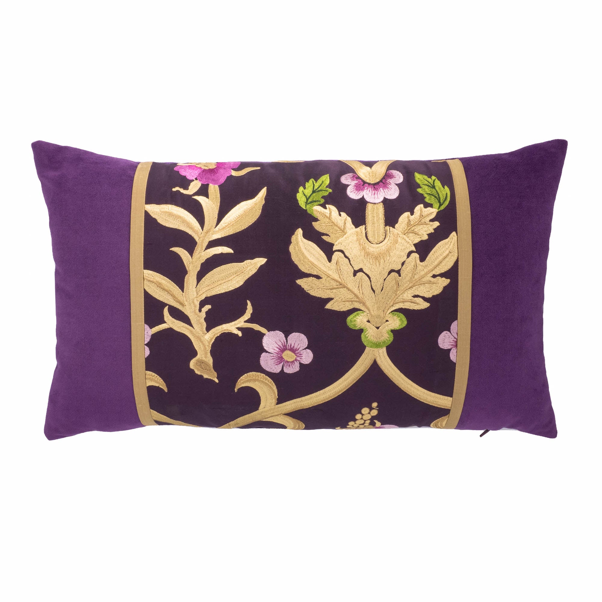 Chouchou Touch Satin and Cotton Throw Pillow Cover, 12" x 20", adorned with hand-stitched floral motifs, offering timeless elegance.