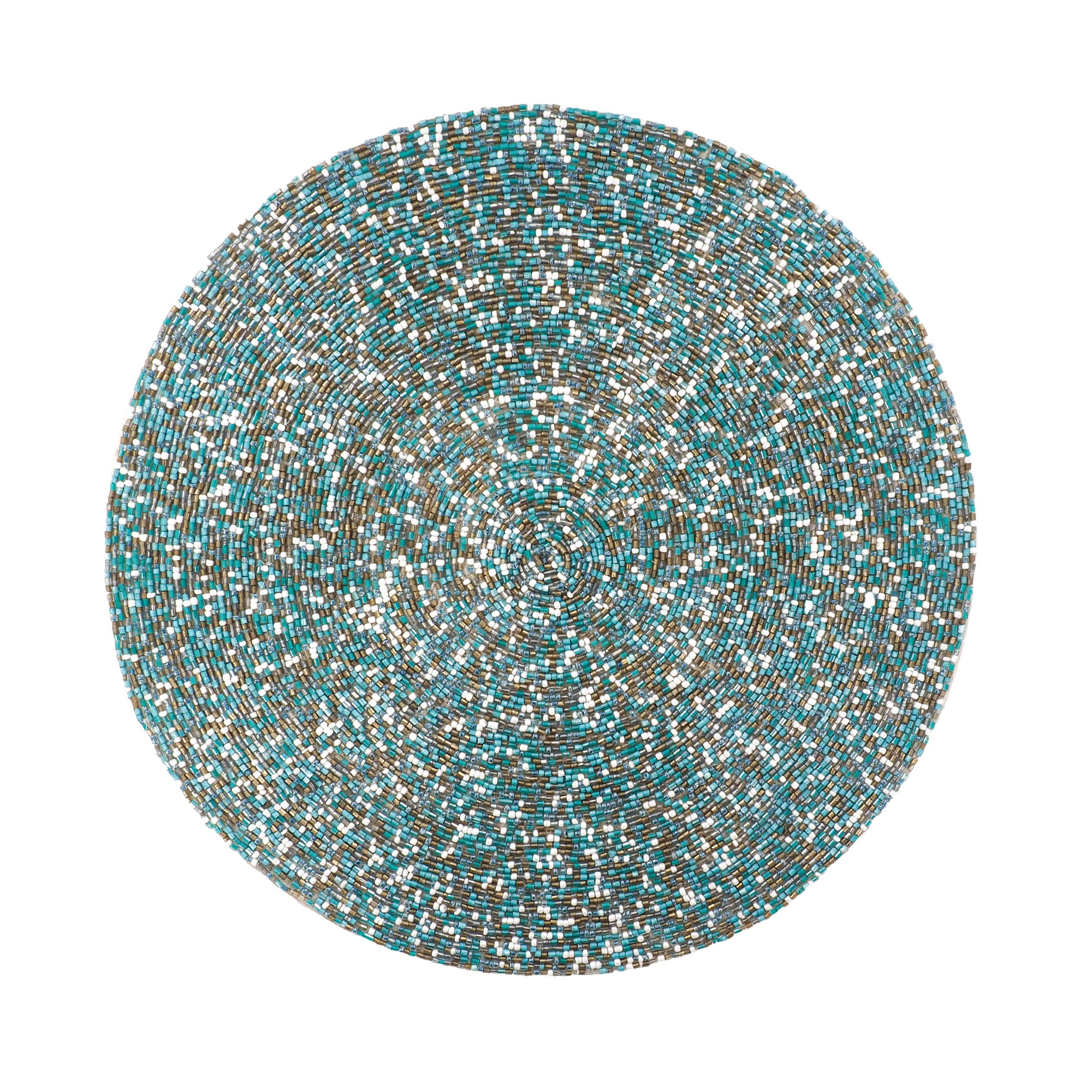 Round seaside glass beaded placemat with coastal blue, gold , copper and silver tones on a white background by ChouChou Touch