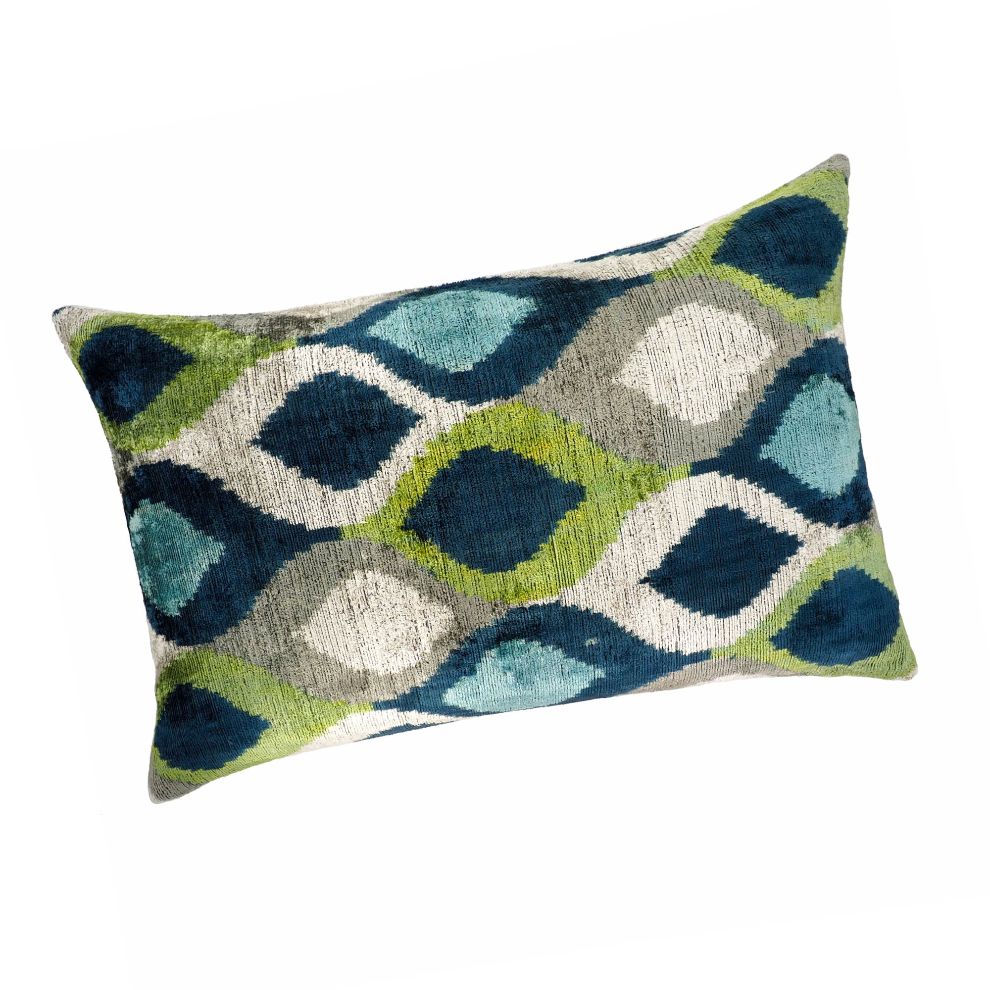 Chouchou Touch Sherwood Silk Velvet Throw Pillow, 16 x 24, showcasing intricate traditional Ikat weaving on rich silk velvet, ideal for a statement piece in your home.