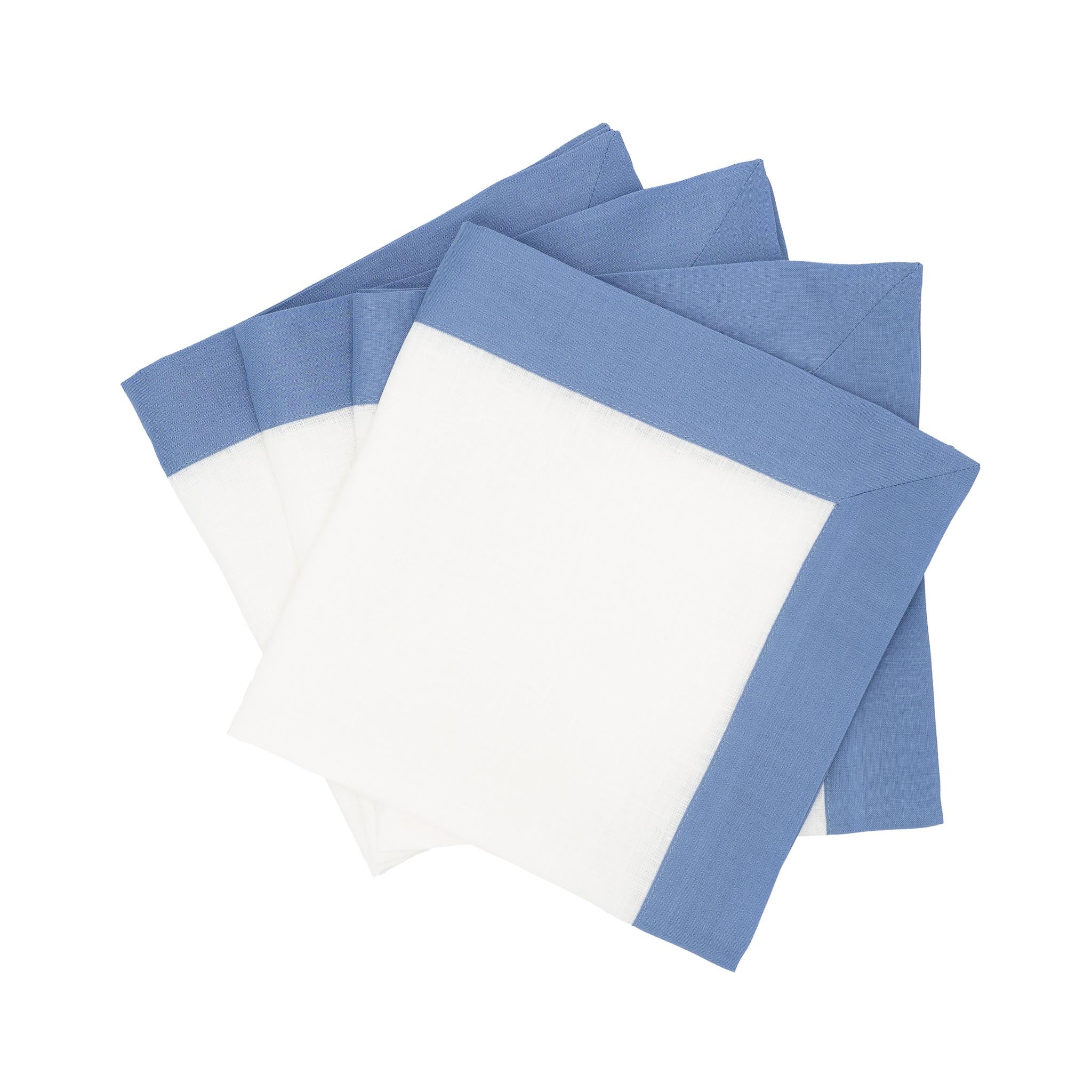 Luxurious sky white linen napkins with blue borders, designed to add a fresh and stylish touch to any table.