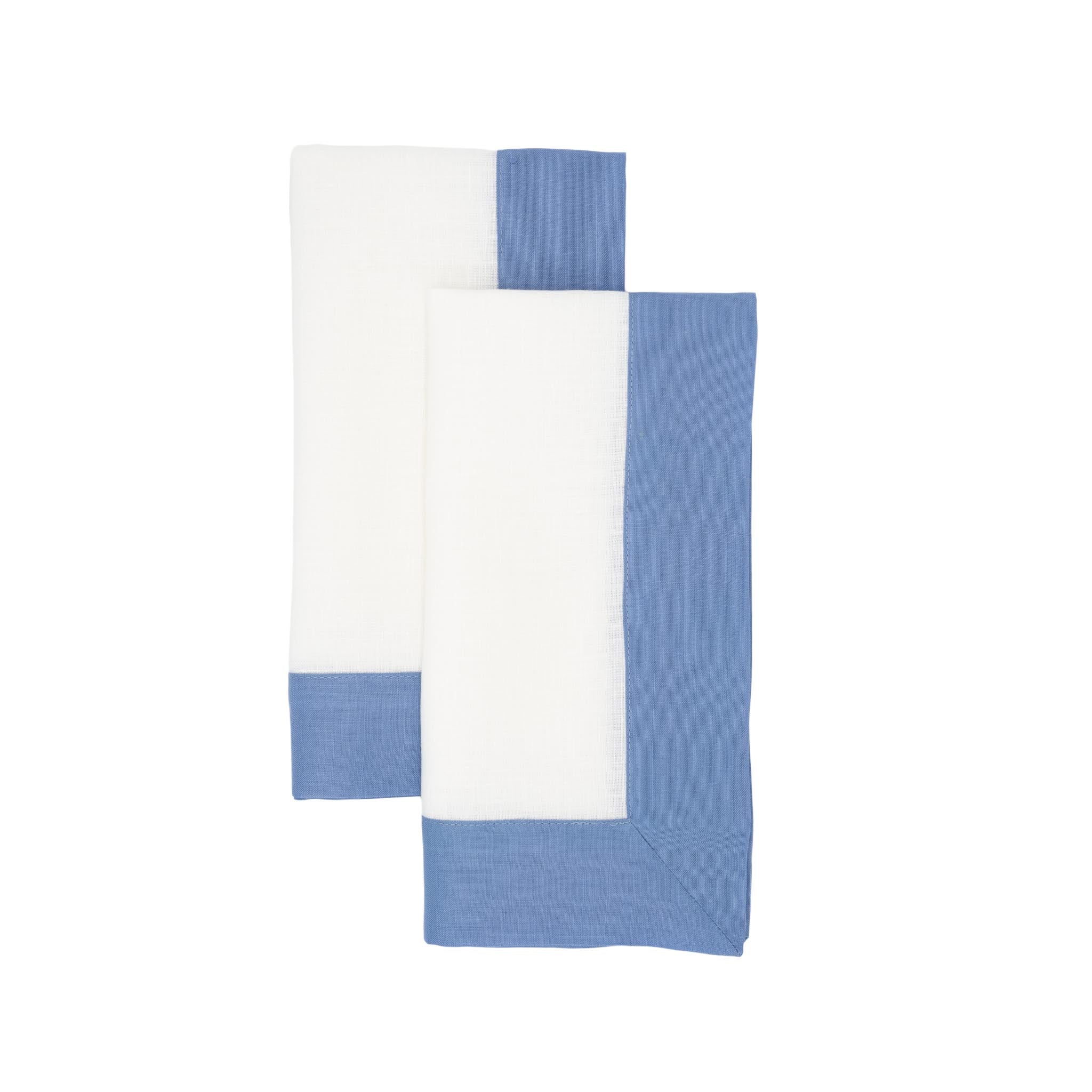 Sky white linen napkins with blue borders, crafted to bring a touch of elegance and versatility to your dining experience.