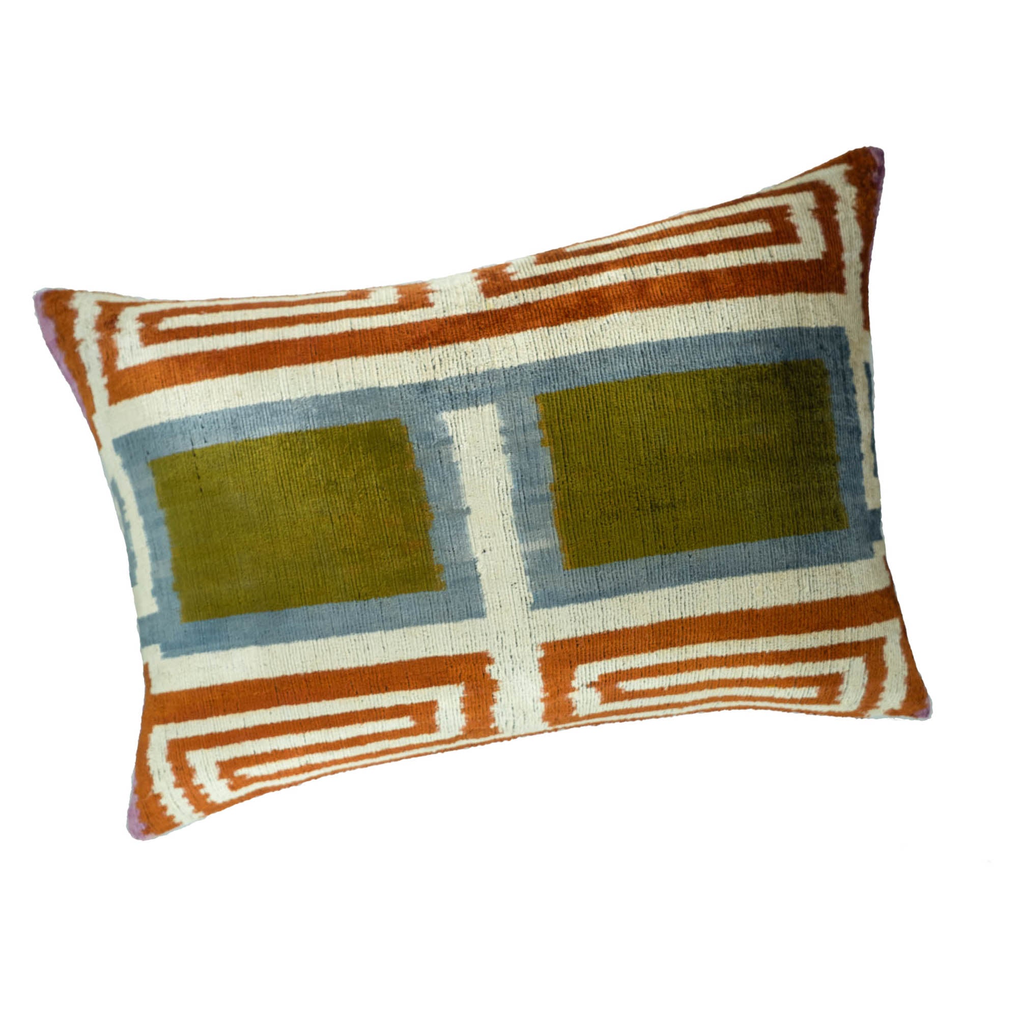 Designer silk velvet ikat pillow cover with structured geometric design in olive green, blue, and rust, handcrafted statement accent pillow.