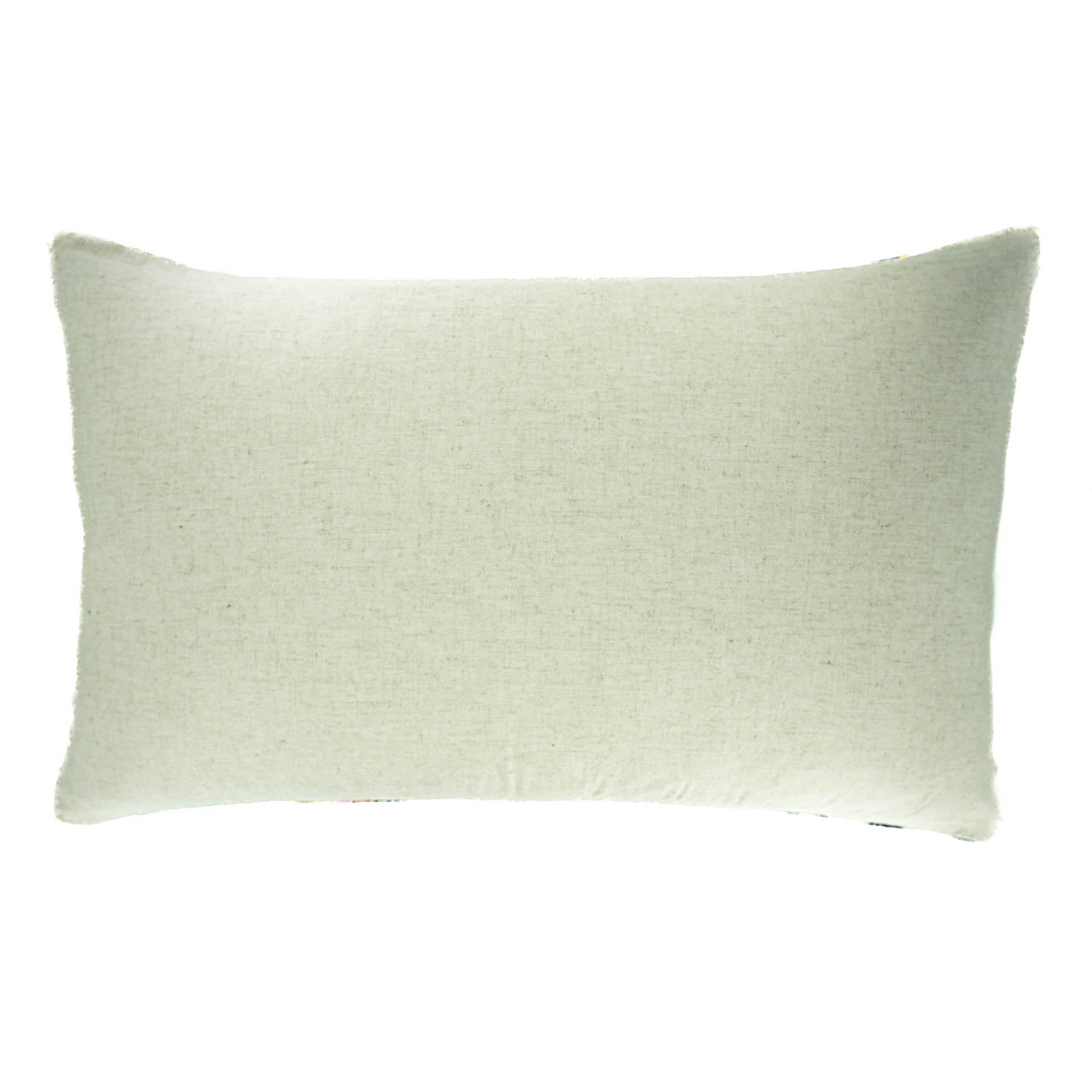 Back view of Soho Light silk velvet ikat pillow cover featuring a natural linen backing and concealed zipper closure.