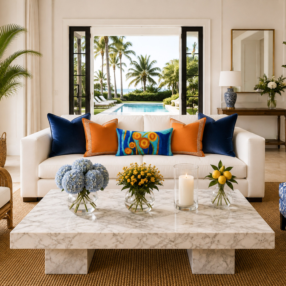 A styled living room scene featuring a white sofa with navy, orange, and blue patterned throw pillows, set behind a white marble coffee table. Large black-framed windows in the background offer a view of a tropical pool and palm trees, while a potted palm and other decor items are visible in the room.