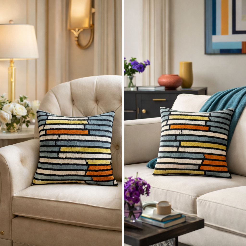 handmade colorful striped decorative throw pillow cover styled on a beige armchair and sofa in a modern living room with contemporary decor