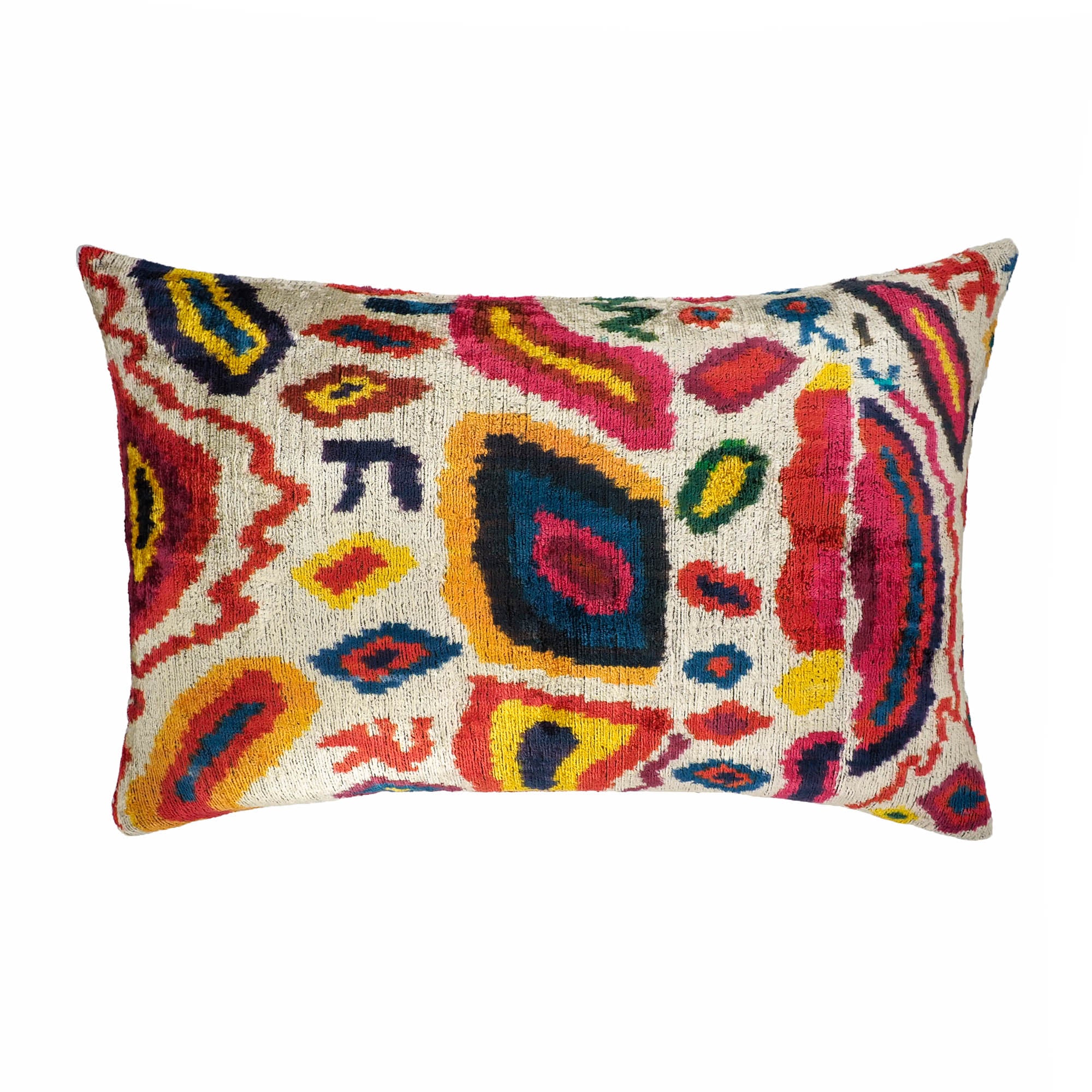 Chouchou Touch Summer Silk Velvet Ikat Pillow, 16 x 24, combining the rich texture of silk velvet with vibrant, handwoven Ikat patterns for a stylish and unique home accent.