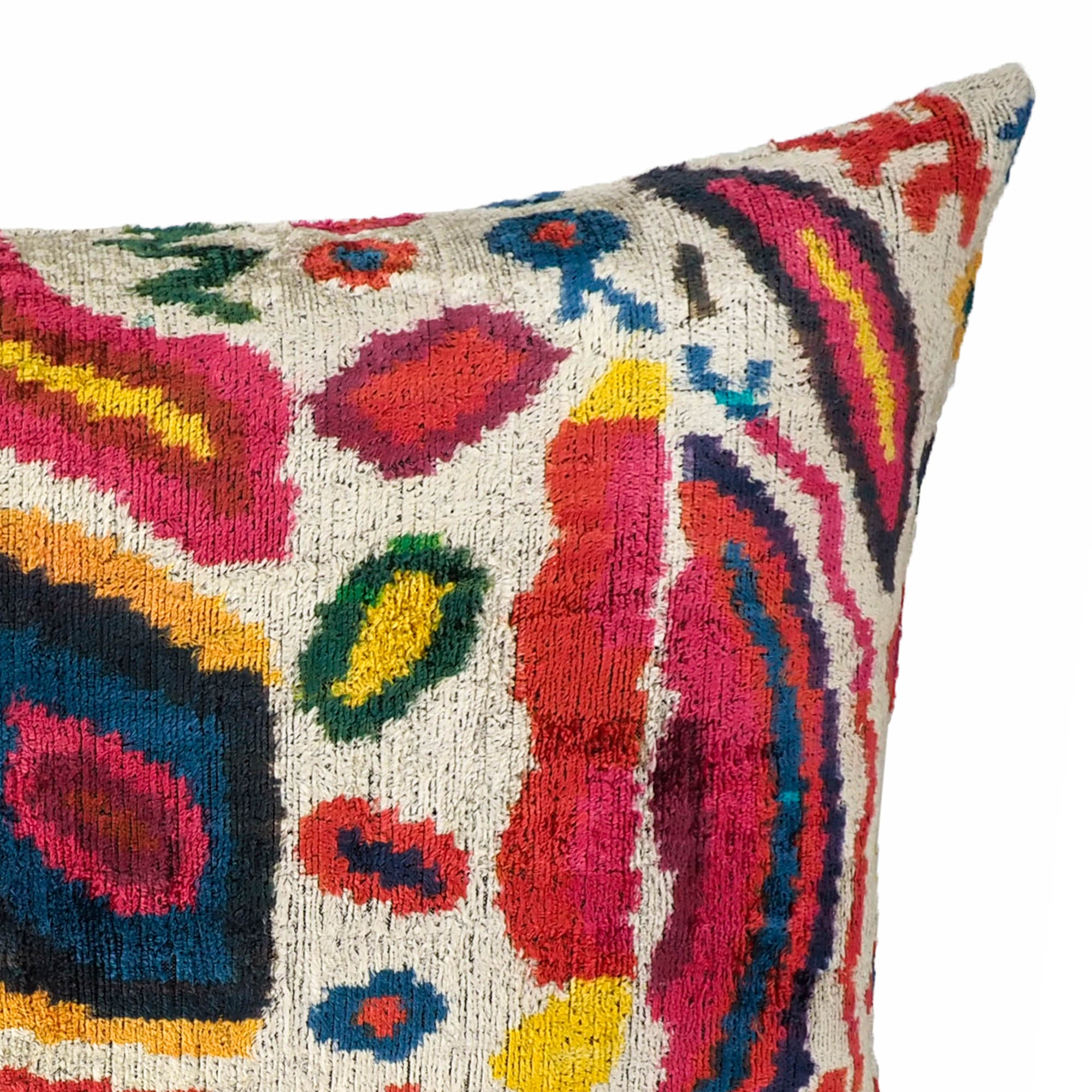 Chouchou Touch Summer Silk Velvet Ikat Throw Pillow, 16 x 24, made from pure silk velvet with a bright and intricate Ikat design for a refined, tactile addition to your sofa.