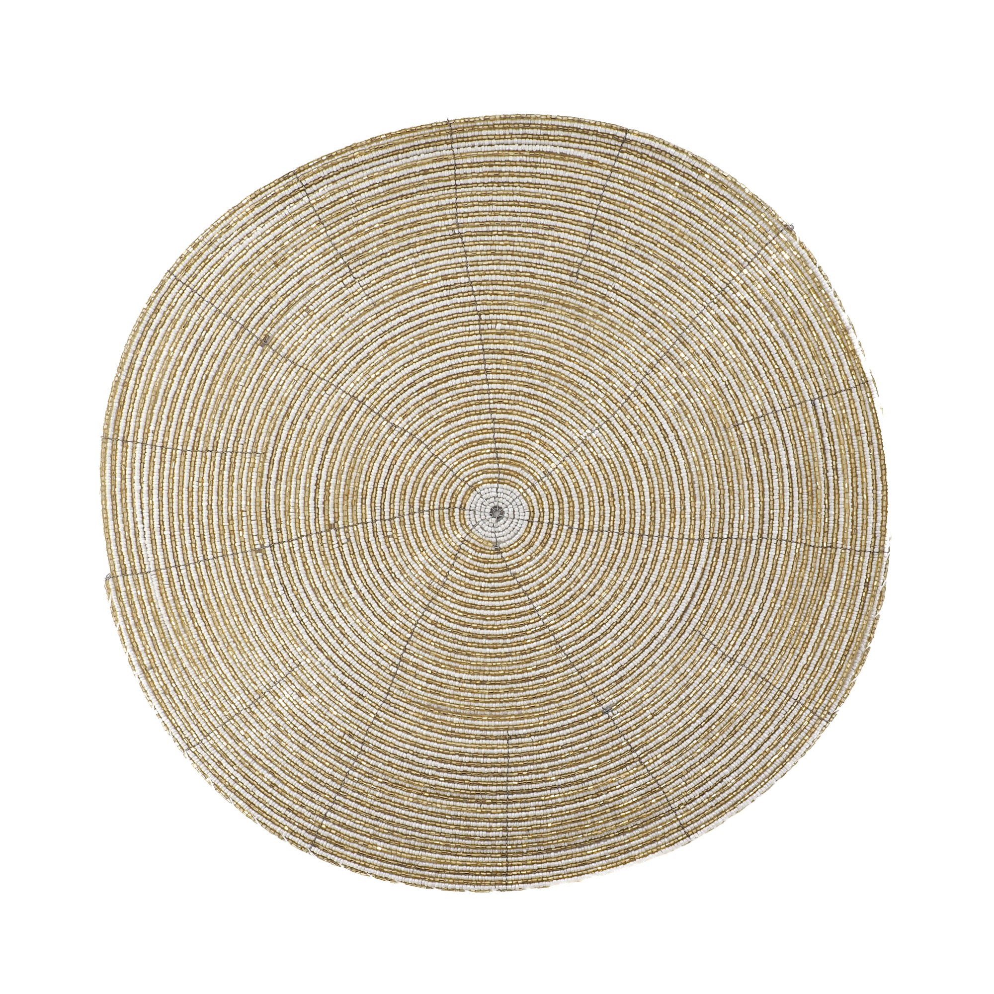 Handmade gold and ivory glass beaded placemat on a white background by ChouChou Touch