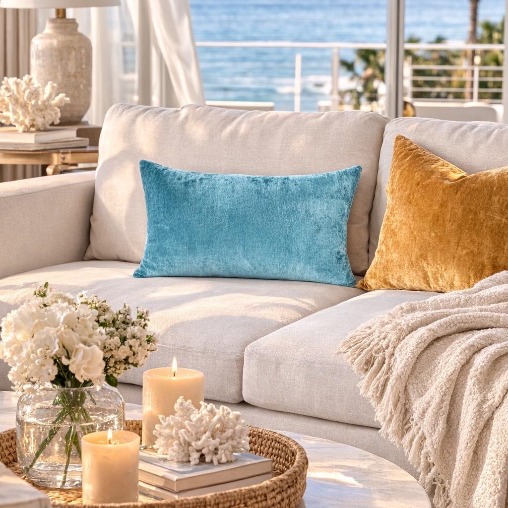 urquoise silk velvet ikat lumbar pillow cover 16x24 styled on a beige sofa in a bright coastal living room with ocean view