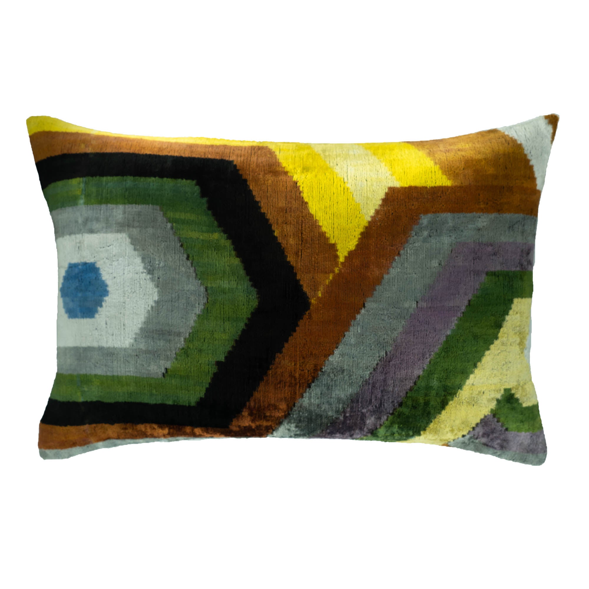 Chouchou Touch Trance Silk Velvet Ikat Throw Pillow, 16" x 24", featuring a geometric design in earthy green, yellow, and brown tones.
