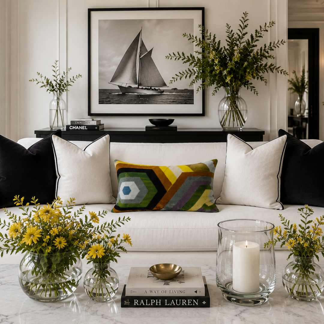 Multicolor silk velvet ikat lumbar pillow on a white sofa, luxury accent pillow styled in an elegant living room with designer home decor and fresh florals.