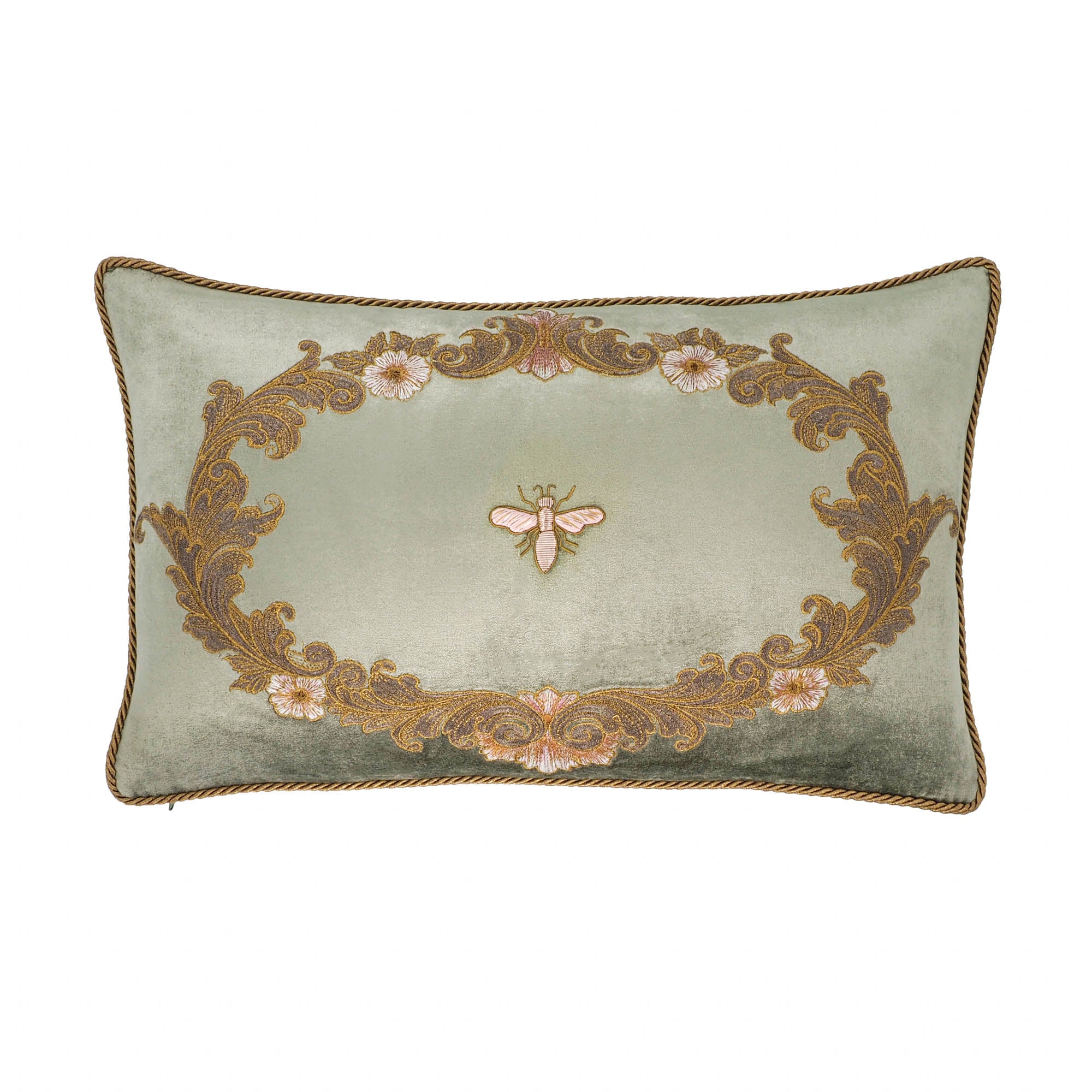 Chouchou Touch Venice Silk Velvet Throw Pillow Cover, 12" x 20", adorned with golden metal thread embroidery and a bumblebee motif.