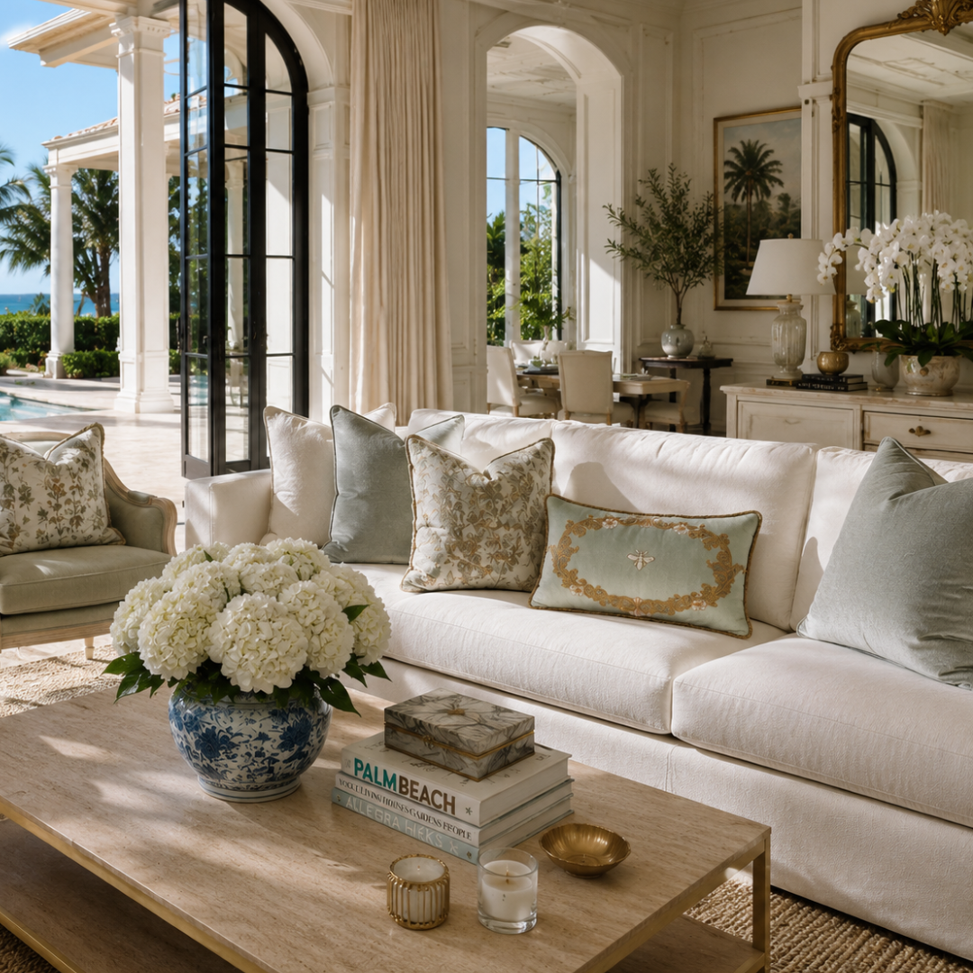 Green silk velvet bee pillow with gold embroidered bee motif on a white sofa in an elegant coastal living room.