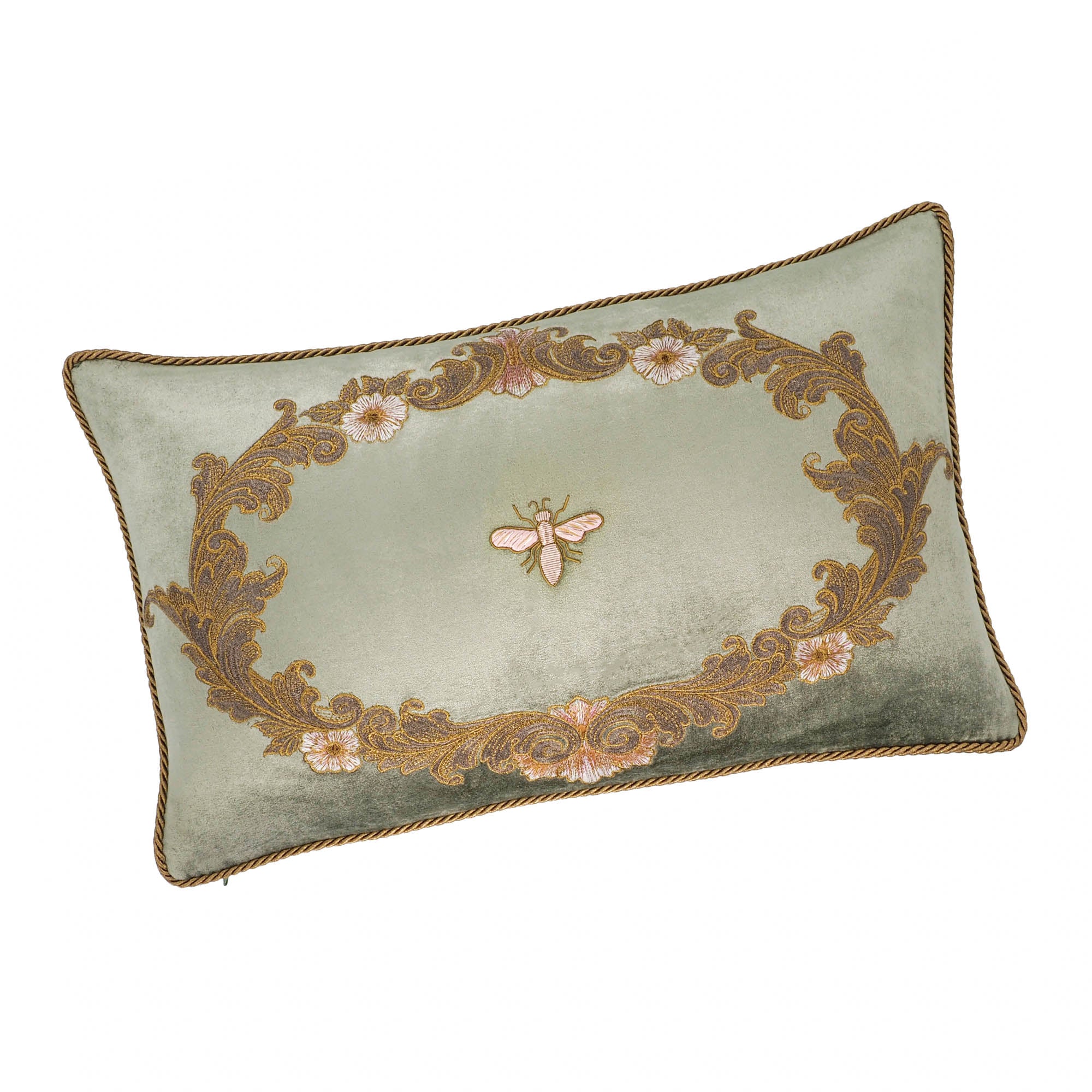 Handmade Venice Silk Velvet Throw Pillow Cover, 12" x 20", with intricate golden metal embroidery and floral detailing on sage green velvet.