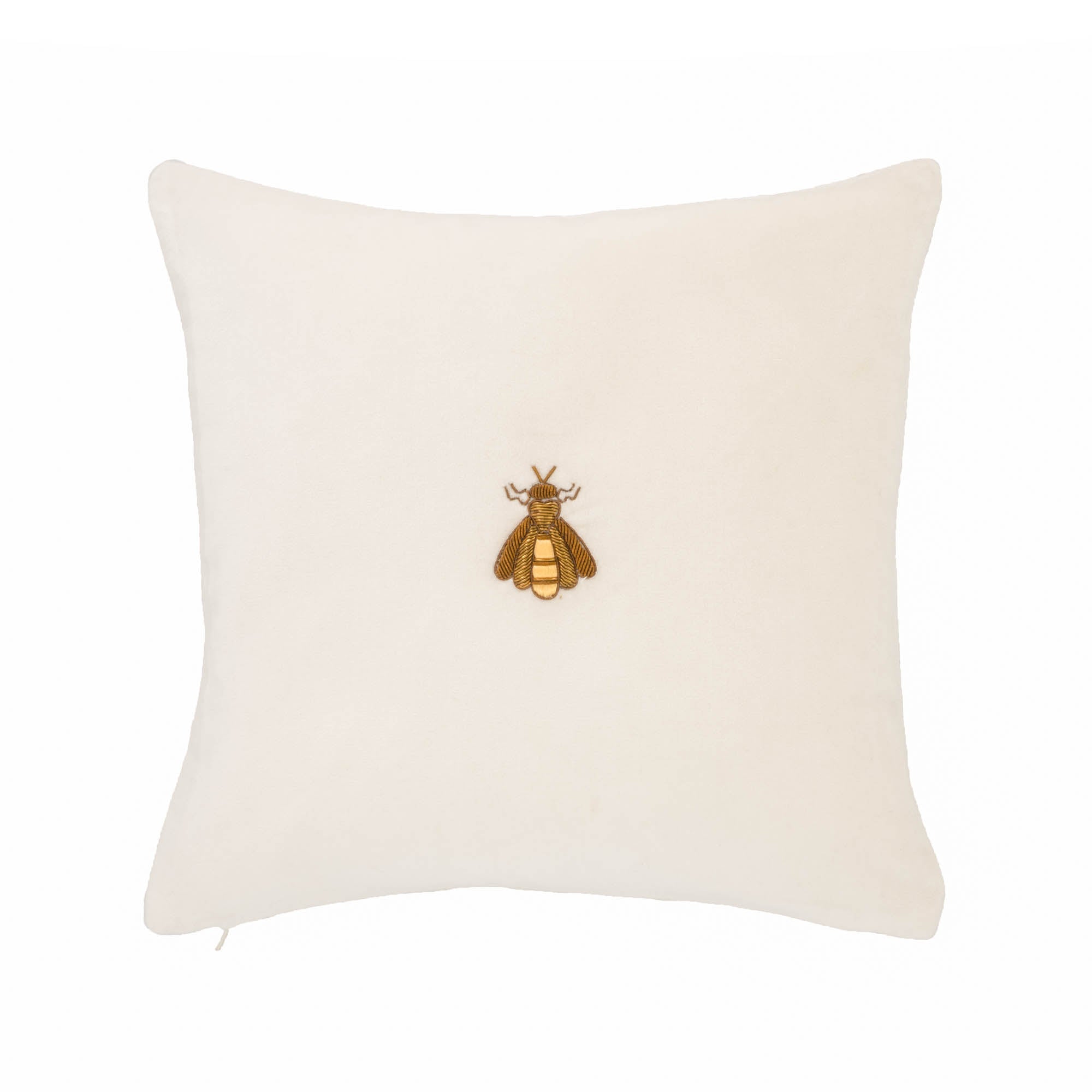 Chouchou Touch 12" x 12" White Silk Velvet Pillow Cover, featuring golden metal bee embroidery for a luxurious, refined look.