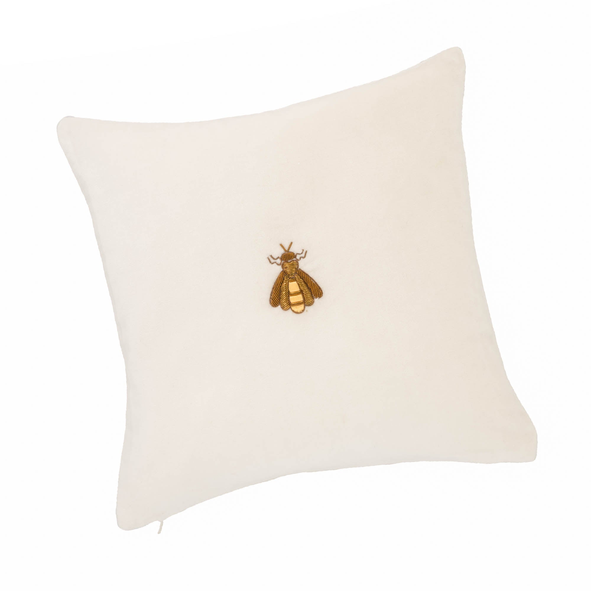 Chouchou Touch White Bee Throw Pillow, 12" x 12", with golden bee embroidery on silk velvet, perfect for enhancing your living room.