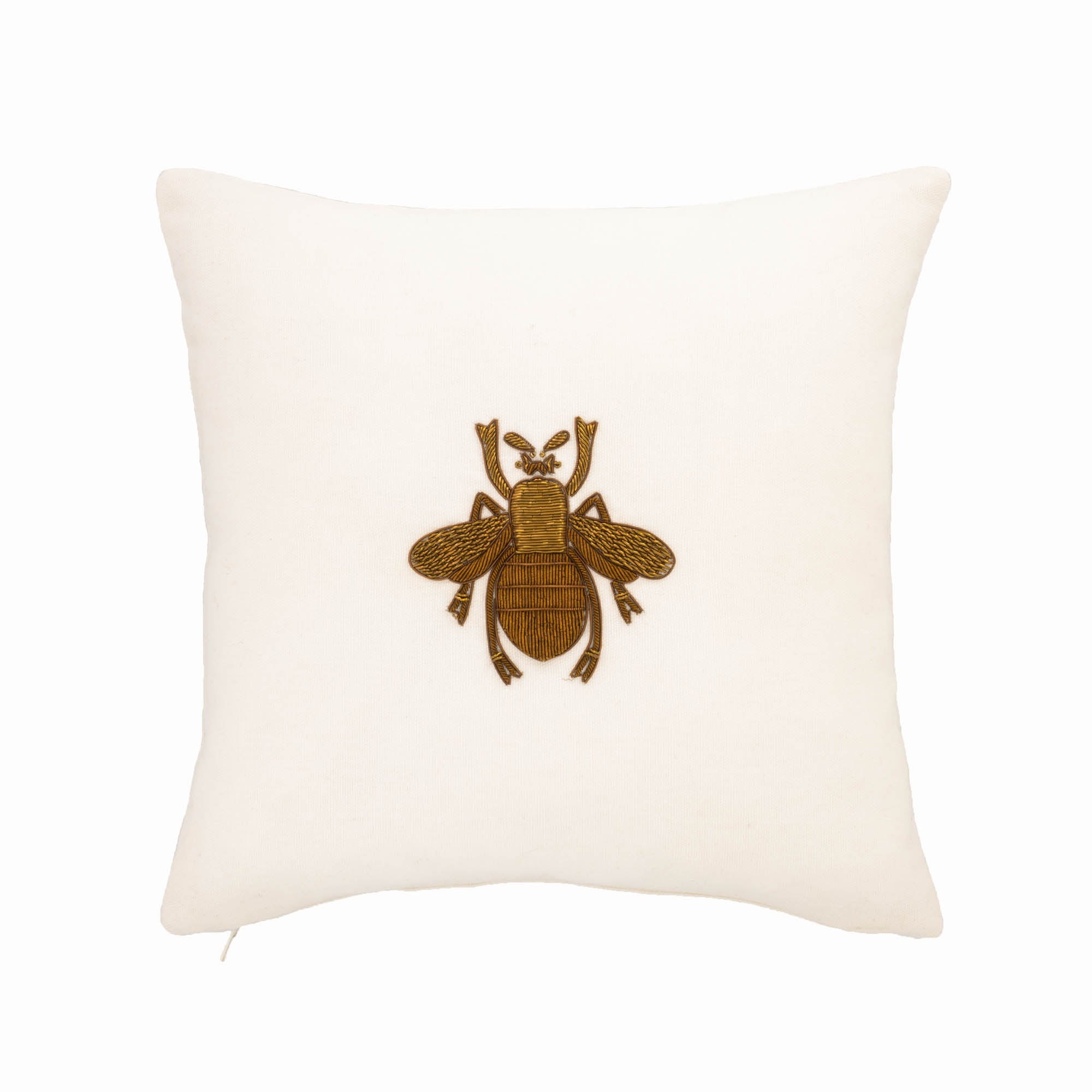 Chouchou Touch White Bee Throw Pillow Cover, 12" x 12", with hand-embroidered golden metal bee motif for an elegant look.