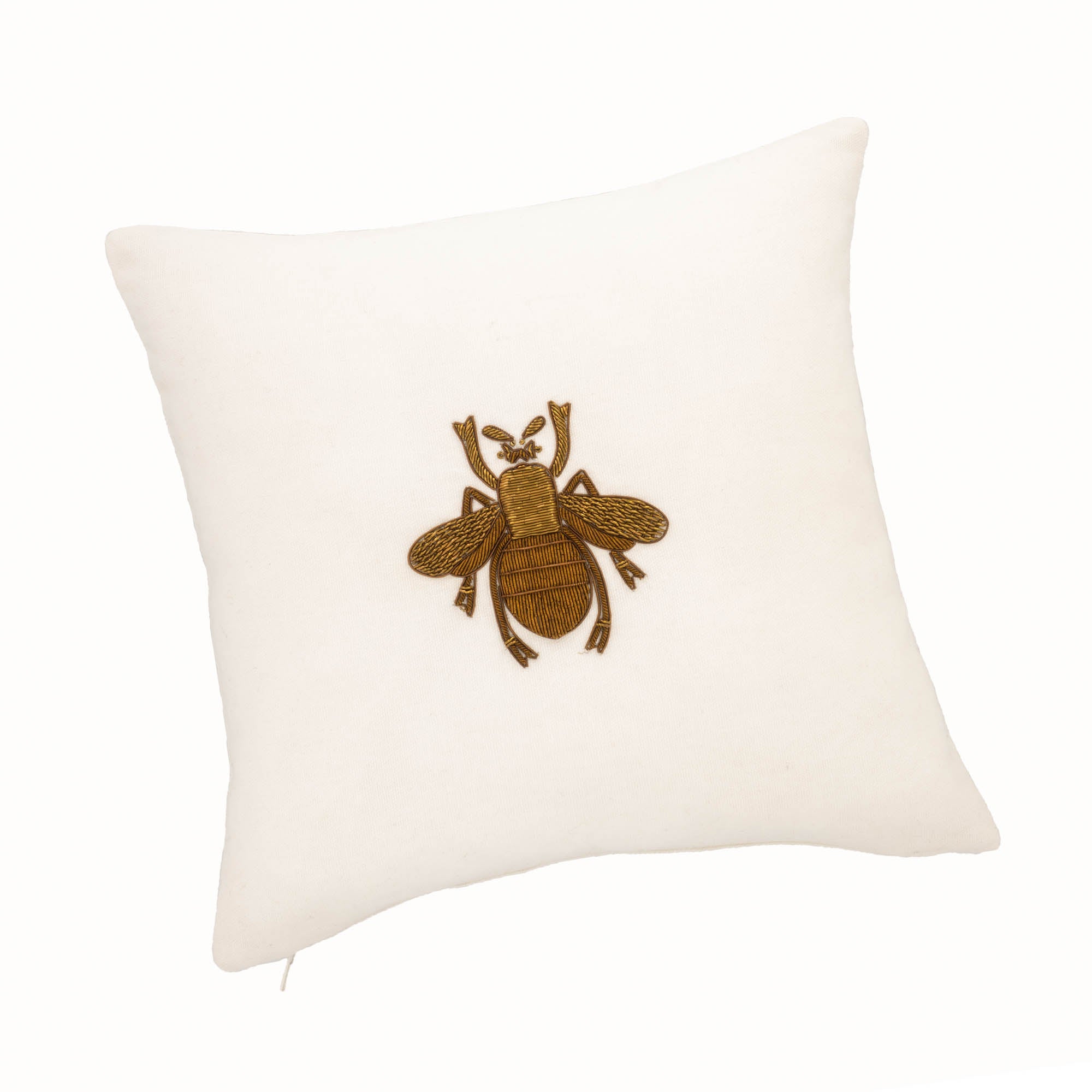 Elegant 12" x 12" White Bee Throw Pillow Cover with luxurious golden metal embroidery, perfect for upscale home decor.