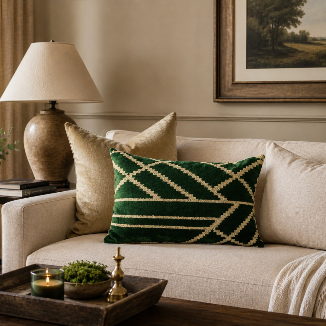 Green silk velvet lumbar pillow with ivory geometric embroidery styled on a neutral sofa, luxury accent pillow and elegant living room decor.
