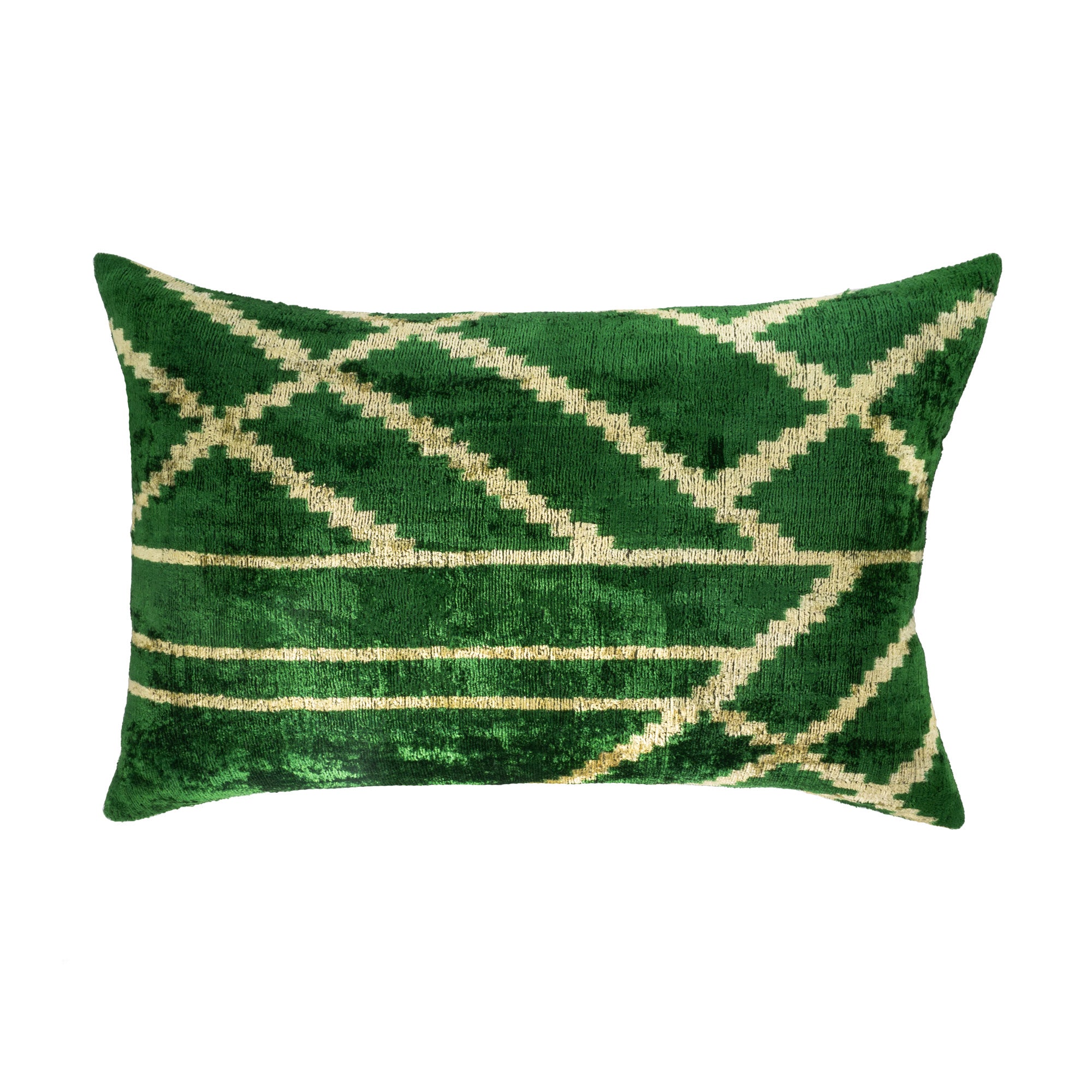 Green silk velvet throw pillow with geometric lattice pattern - handcrafted luxury cushion cover on a white background, designed by ChouChou Touch.