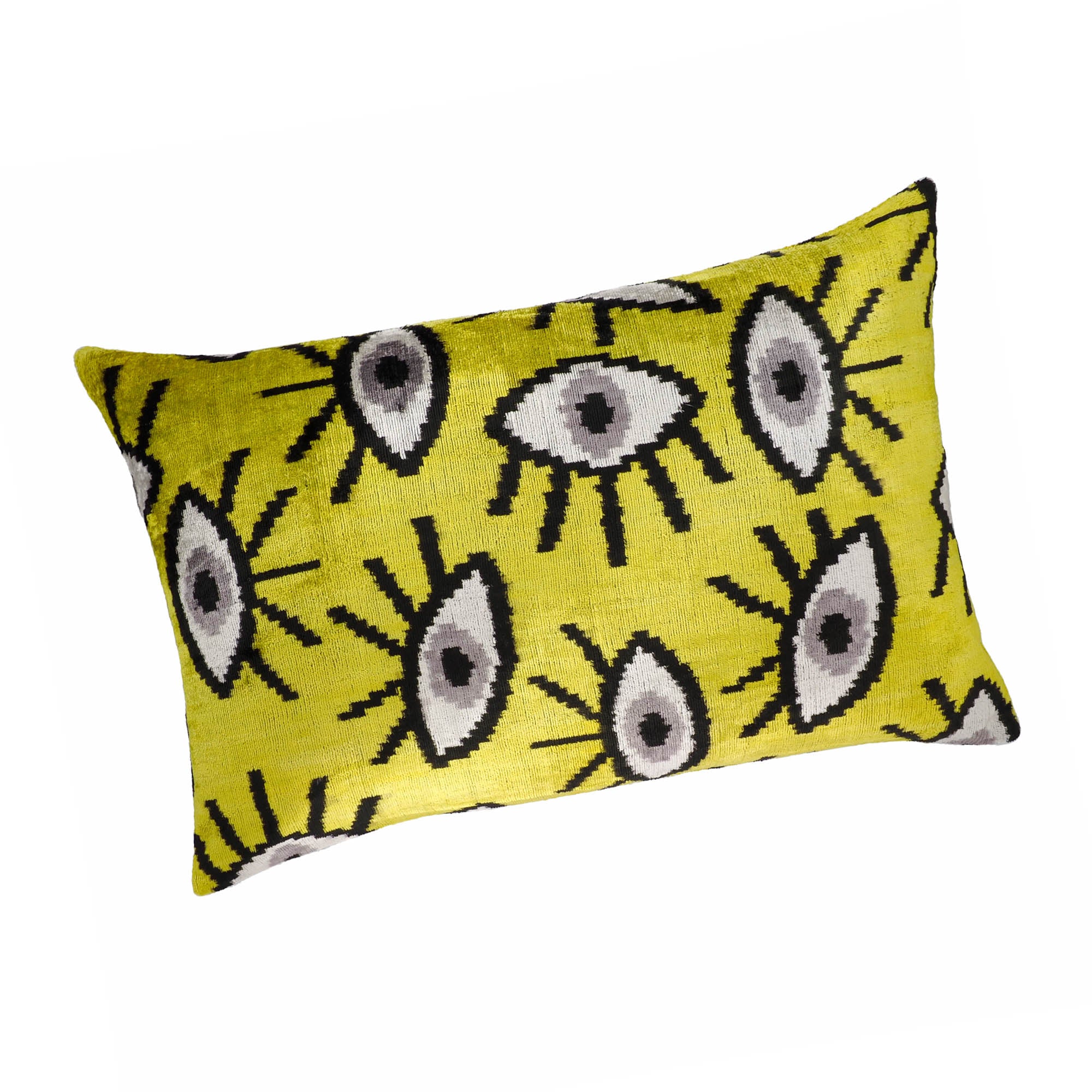 Yellow Eyes Silk Velvet Ikat Throw Pillow Cover, 16 x 24, with intricate handwoven designs in vivid yellow hues, bringing a touch of luxury and tradition to your home.