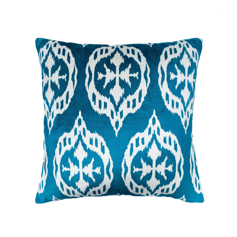 Mood Blue Silk Velvet Ikat Pillow, 20" X 20"