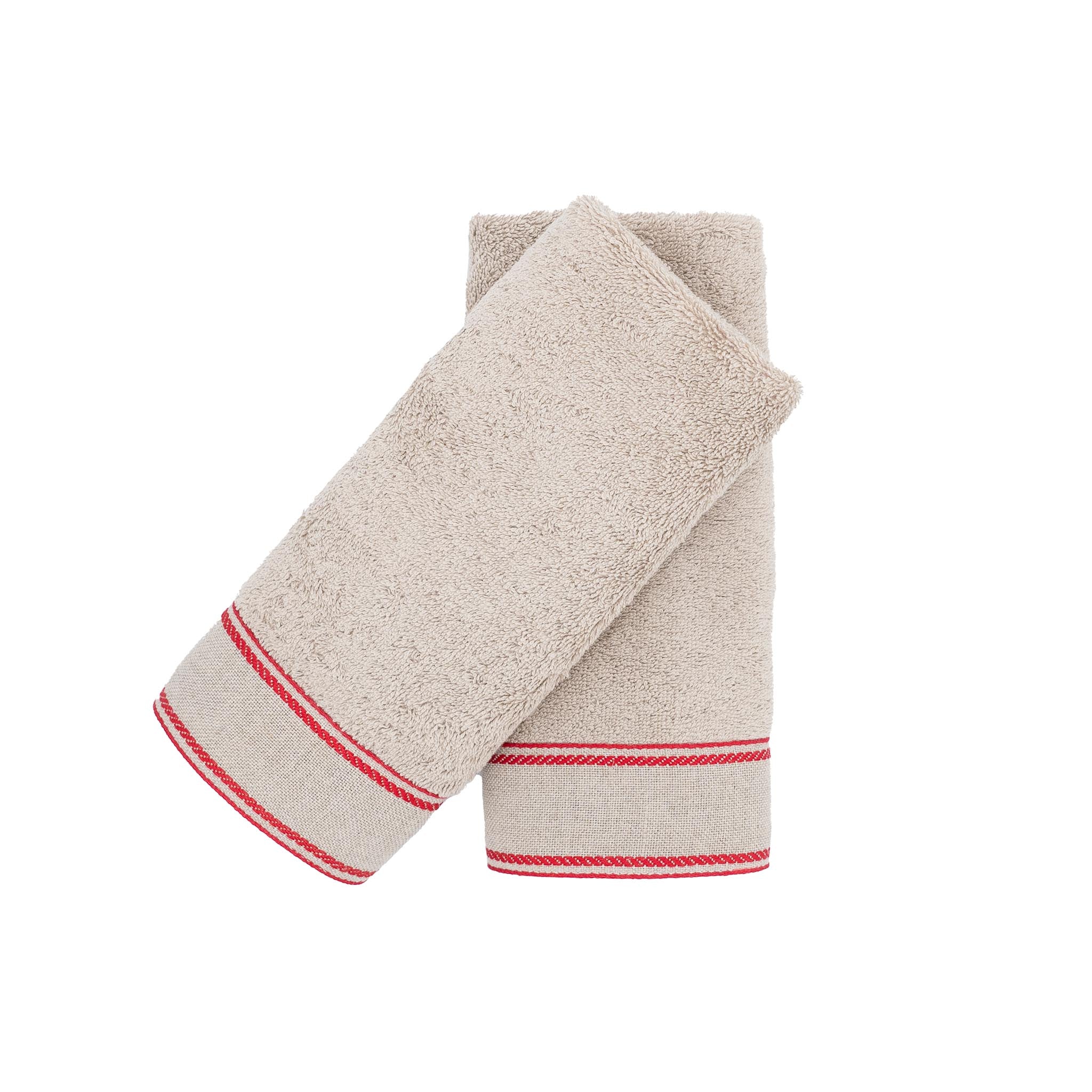 Camel Guest Towels With Red Chain Linen Borders, Set of 2