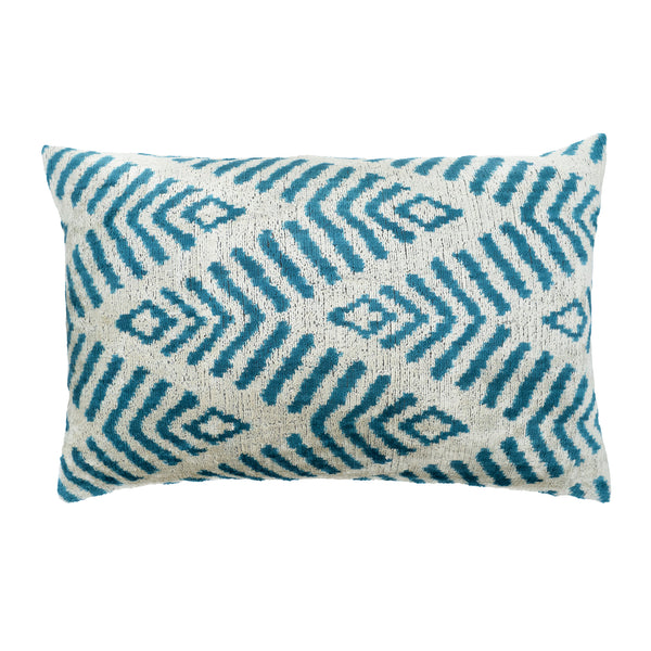 Coastal Blue Silk Velvet Ikat Pillow, 16" X 24"