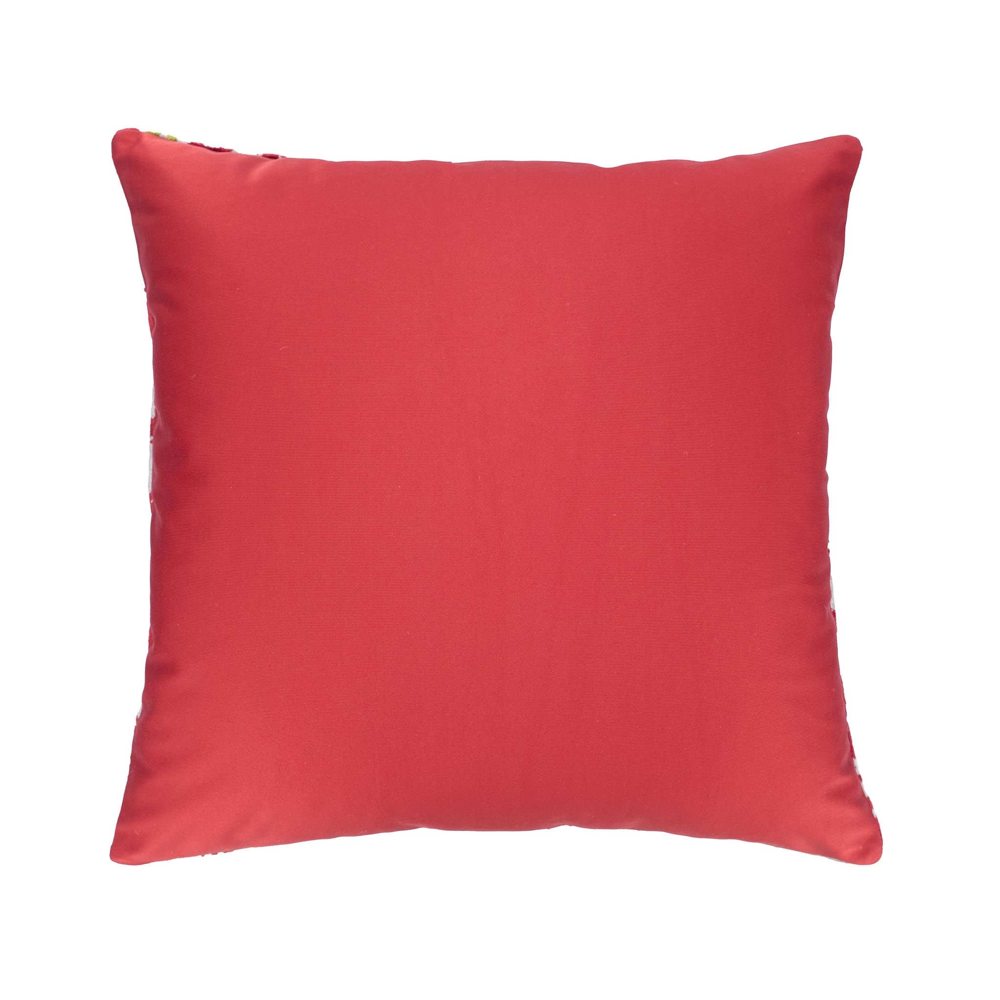 Handwoven ikat cushion cover with traditional red floral designs and green stems.