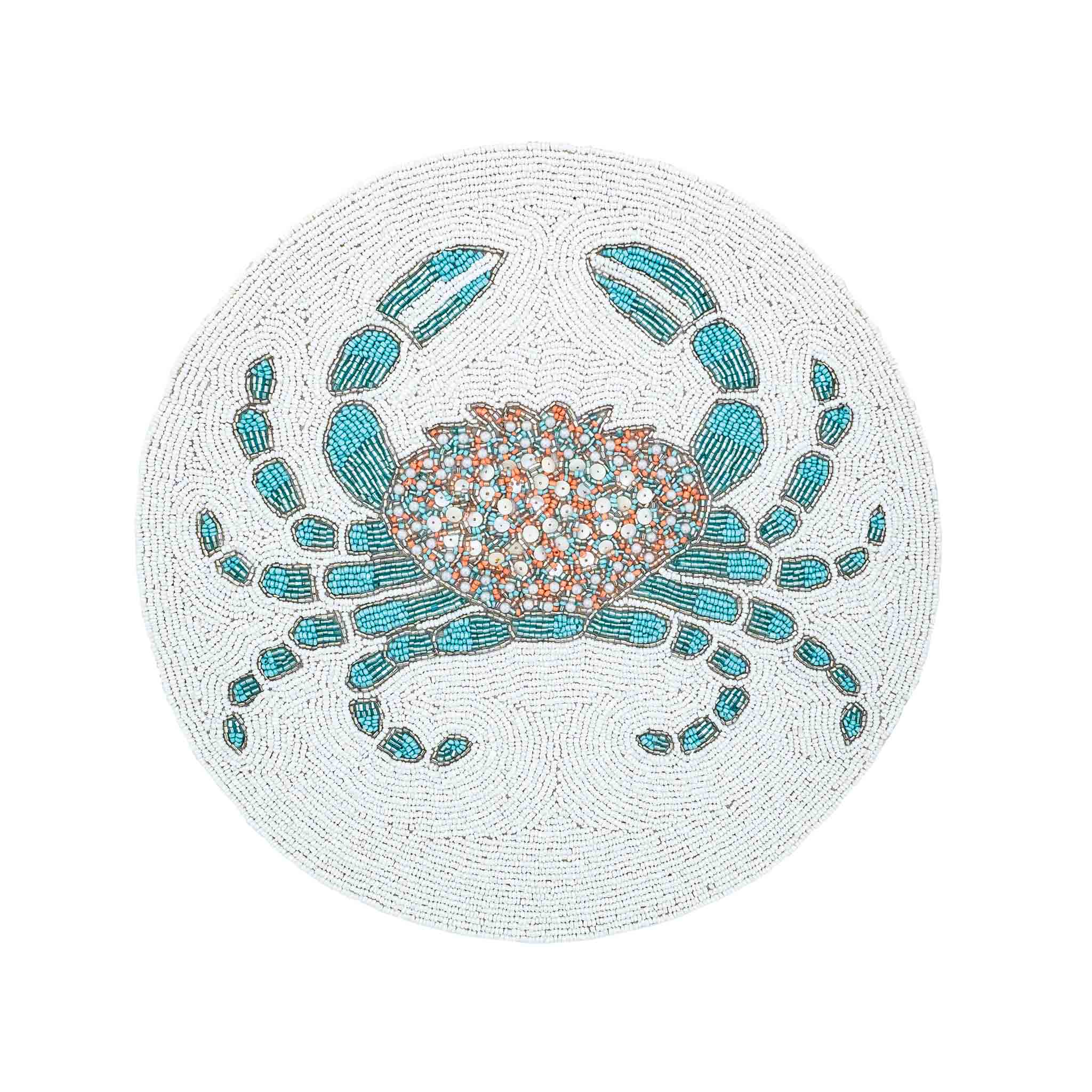 Handmade glass beaded Crabs placemats, inspired by coastal biodiversity, perfect for enhancing your dining experience.