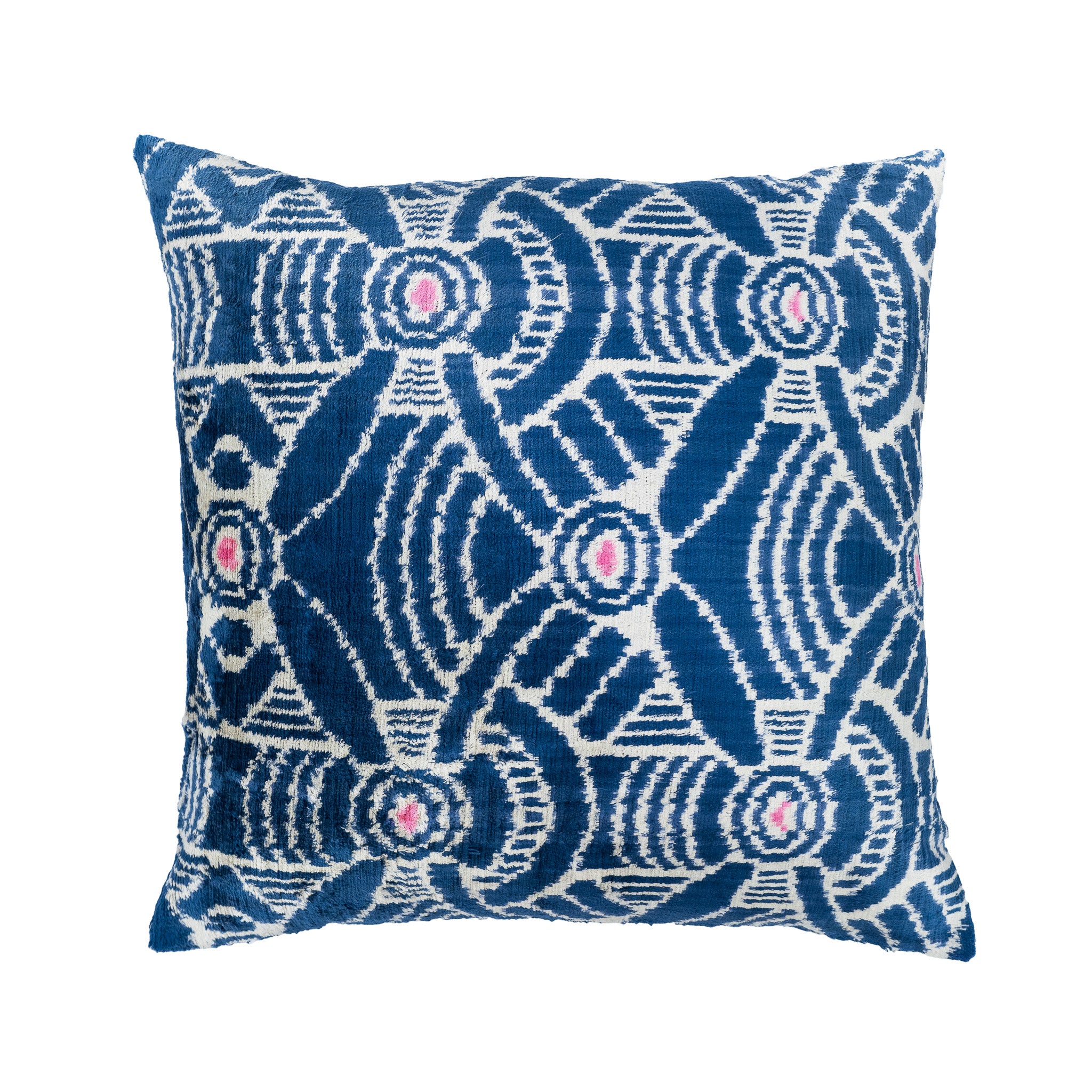 Kelly Silk Velvet Ikat Pillow, 20" x 20", with bold blue and white geometric patterns accented by pink highlights.
