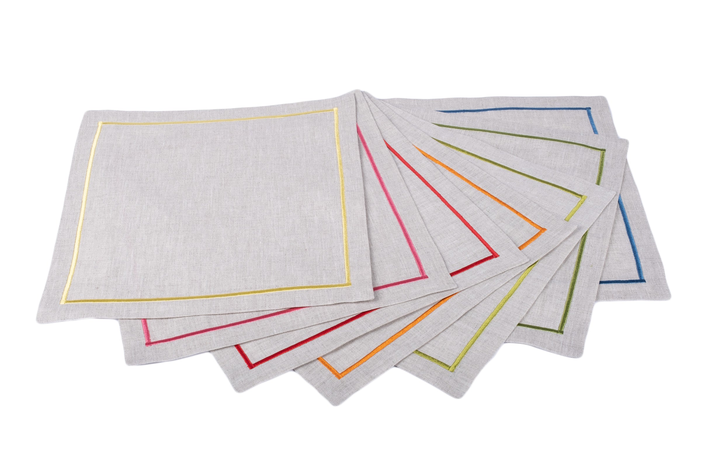 Linen Cocktail Napkins With Embroidery Borders, Set of 4