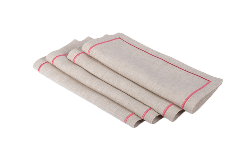 Linen Cocktail Napkins With Embroidery Borders, Set of 4