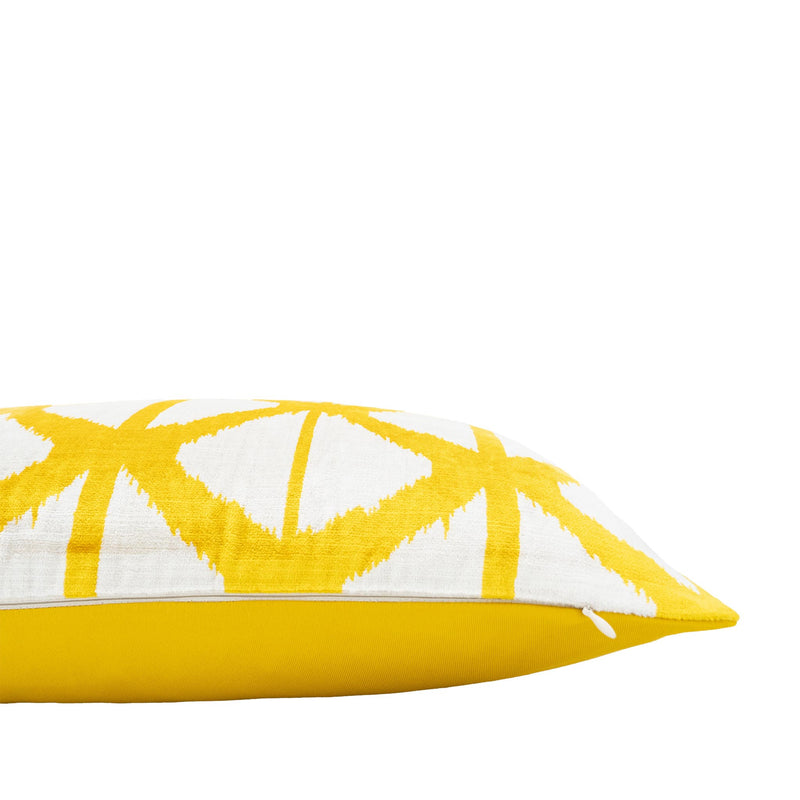 Lagoon Yellow Silk Velvet Ikat Pillow, 16" X 24"