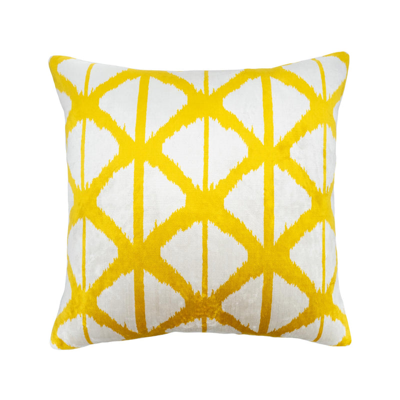 Lagoon Yellow Silk Velvet Ikat Pillow, 20" X 20"