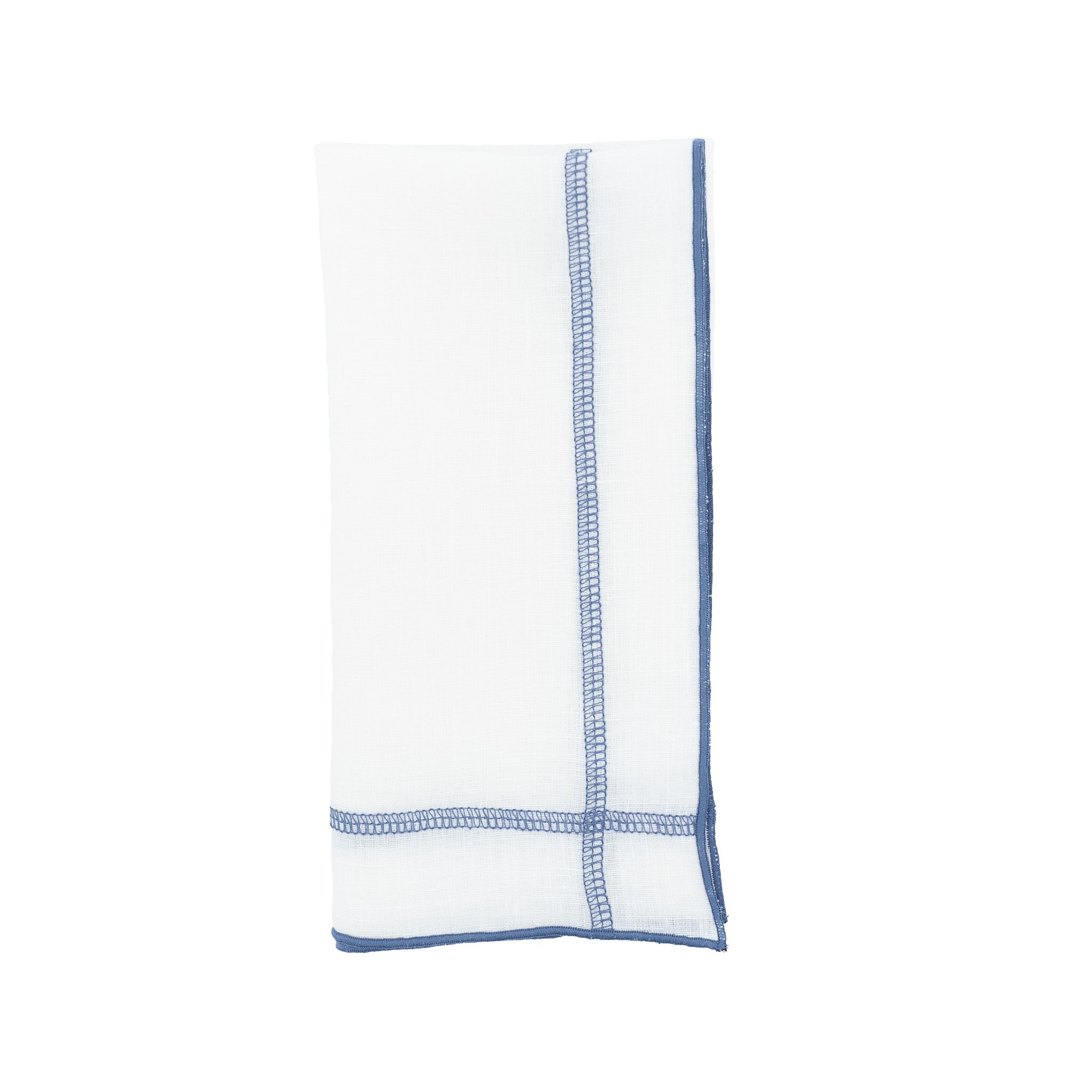 Set of 4 linen napkins, 18x18 inches, with blue double stitching for a chic and elegant dining experience.