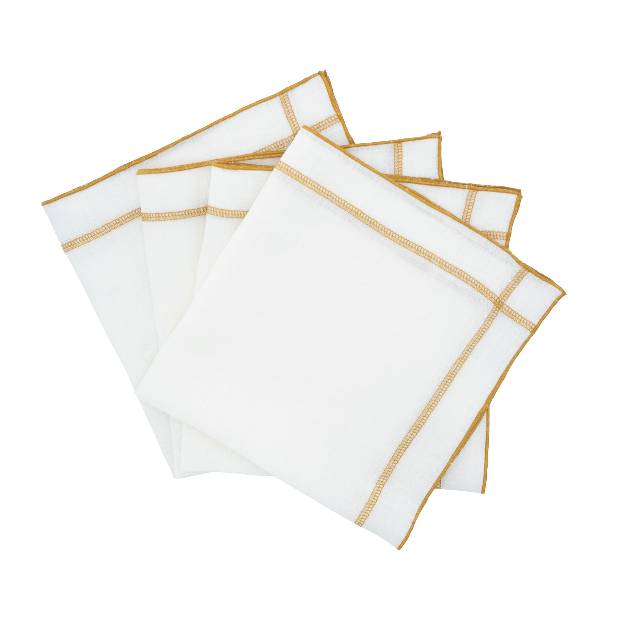 Handmade linen napkins with decorative gold double stitching, perfect for both formal events and casual family gatherings.