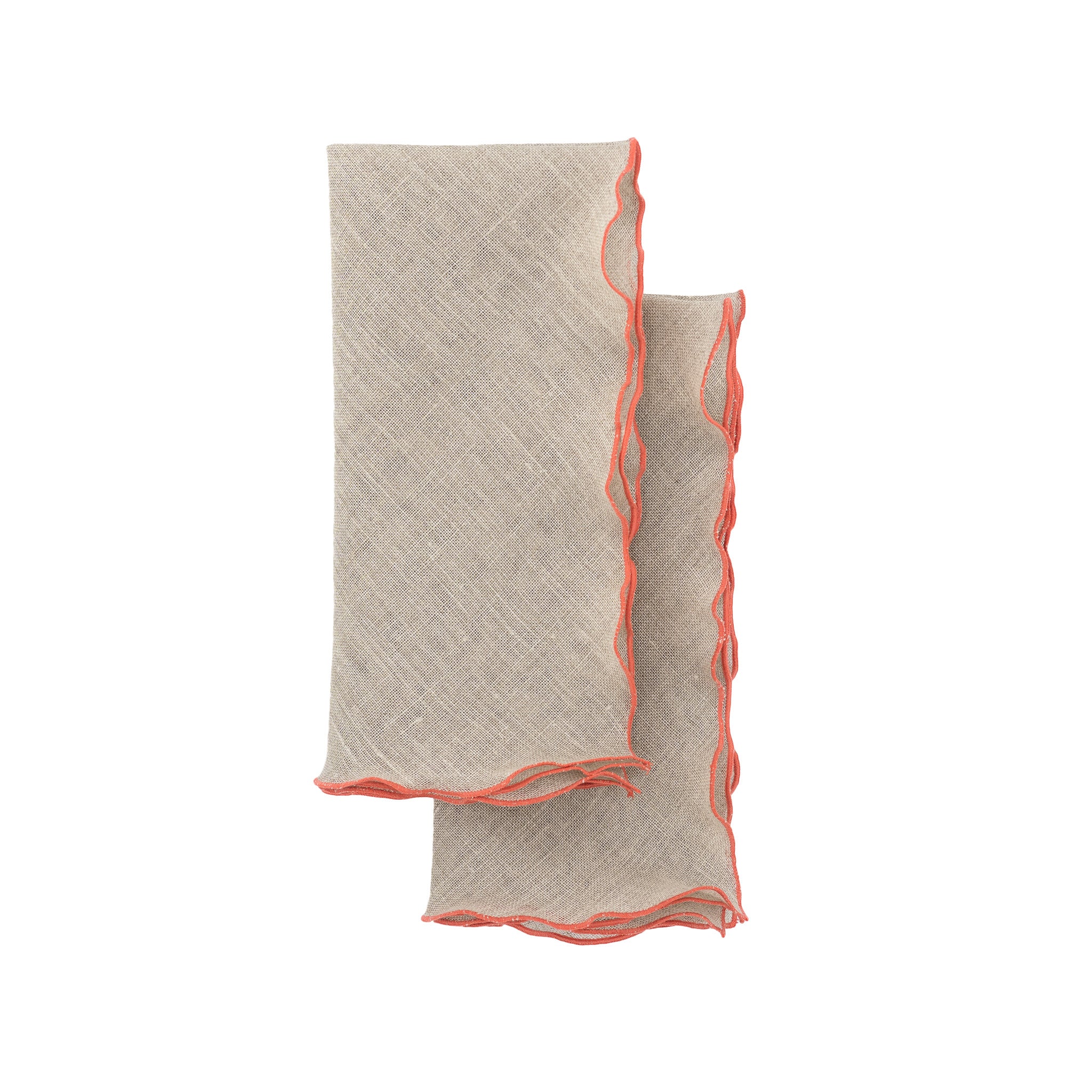 Chouchou Touch handmade khaki linen napkins with orange ruffled edges, designed for both casual and formal settings.