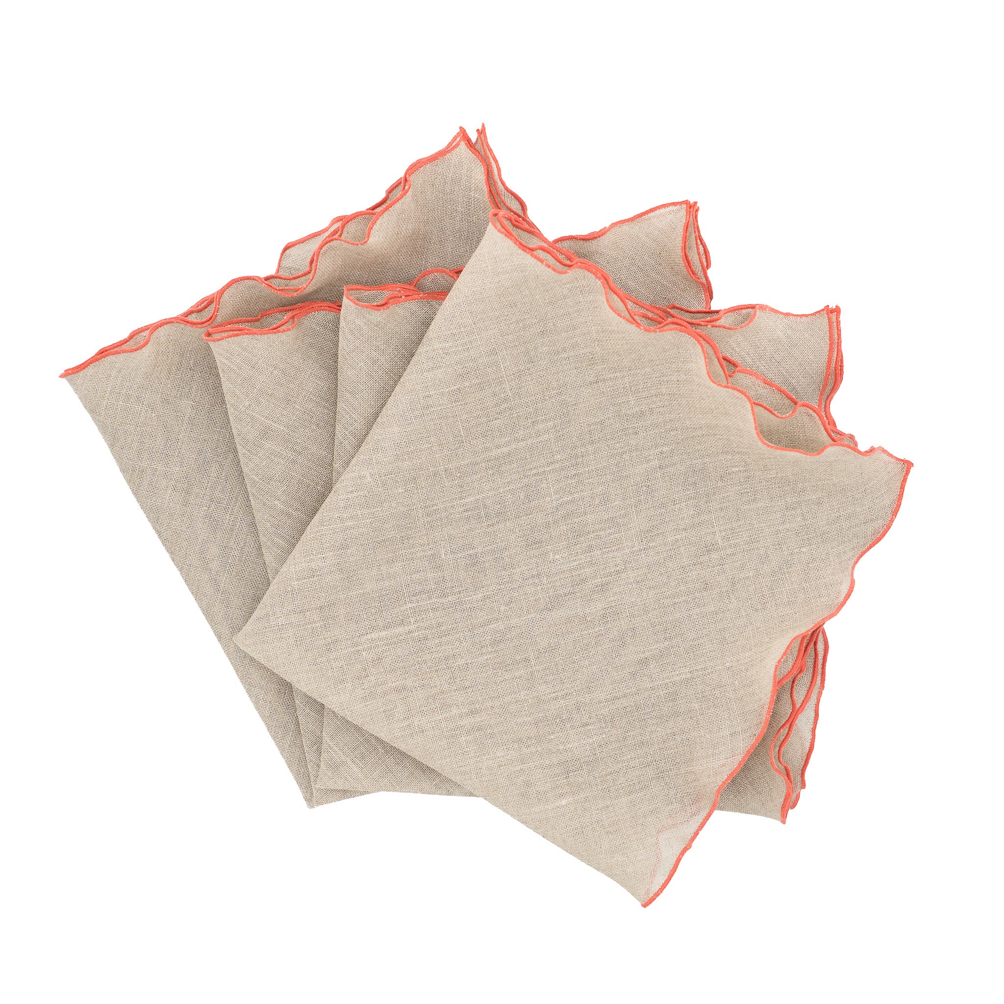 Handmade khaki linen napkins with orange ruffled edges, ideal for casual family dinners or special gatherings.