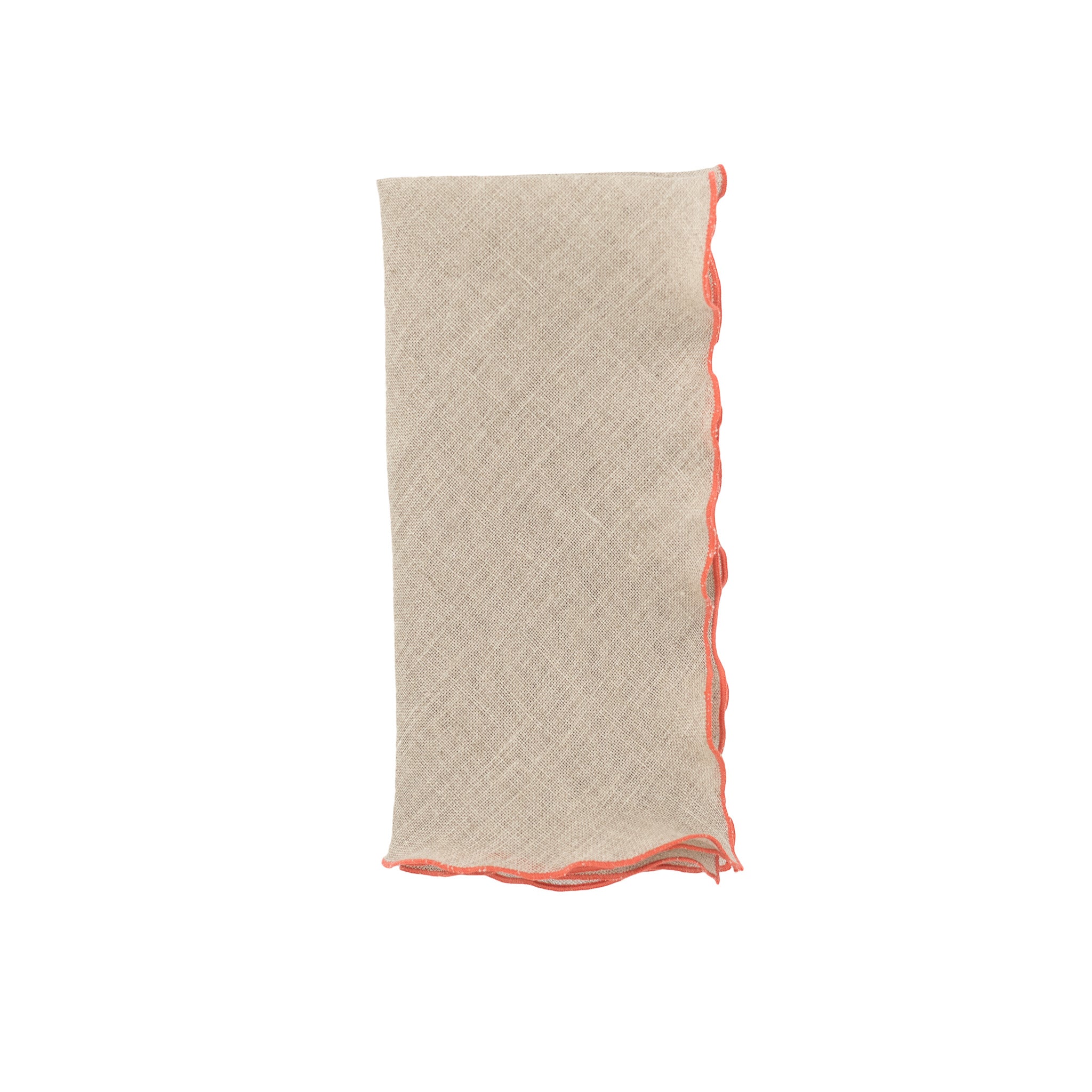 Set of 4 khaki linen napkins, 21x21 inches, with orange ruffled edges for a unique and elegant tabletop accent.